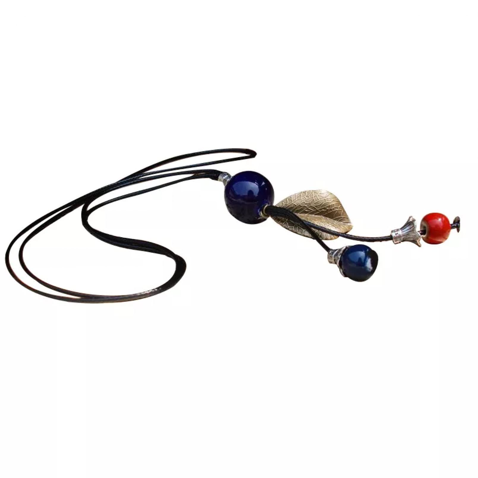 Elegant Vintage Ceramic Bead & Alloy Leaf Pendant Necklace for Women - Handwoven Bohemian Sweater Chain Jewelry - Perfect Gift for Wife, Girlfriend & Female Friends (Ideal for Casual Wear, Office & Special Occasions)