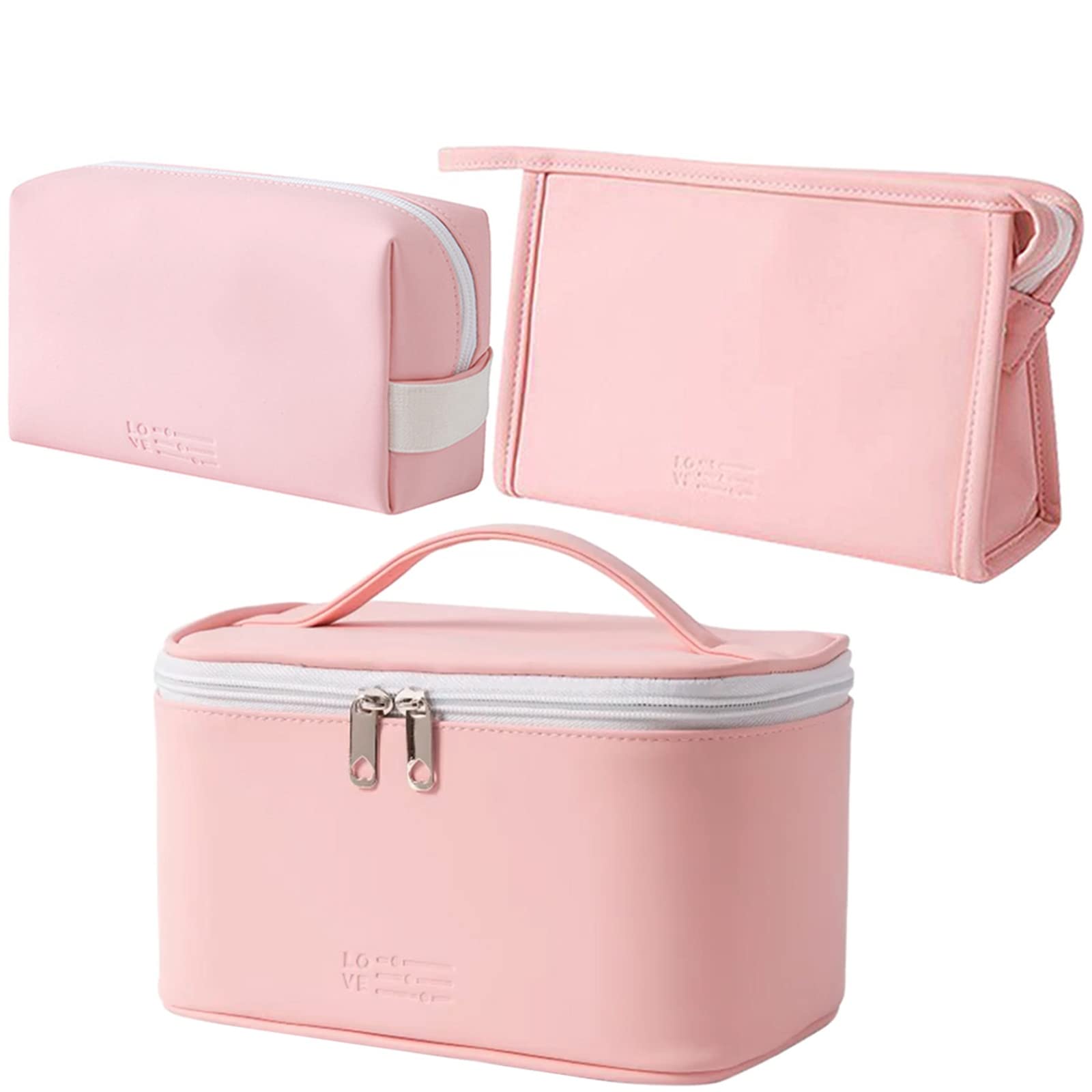 AUSEKALY 3-Piece Makeup Bag Set for Women - Large Cosmetic Bag with Brush Holder, Small Travel Toiletry Pouch (Pink & White) | Perfect for Travel, Gym, Daily Organizer & Gift Giving