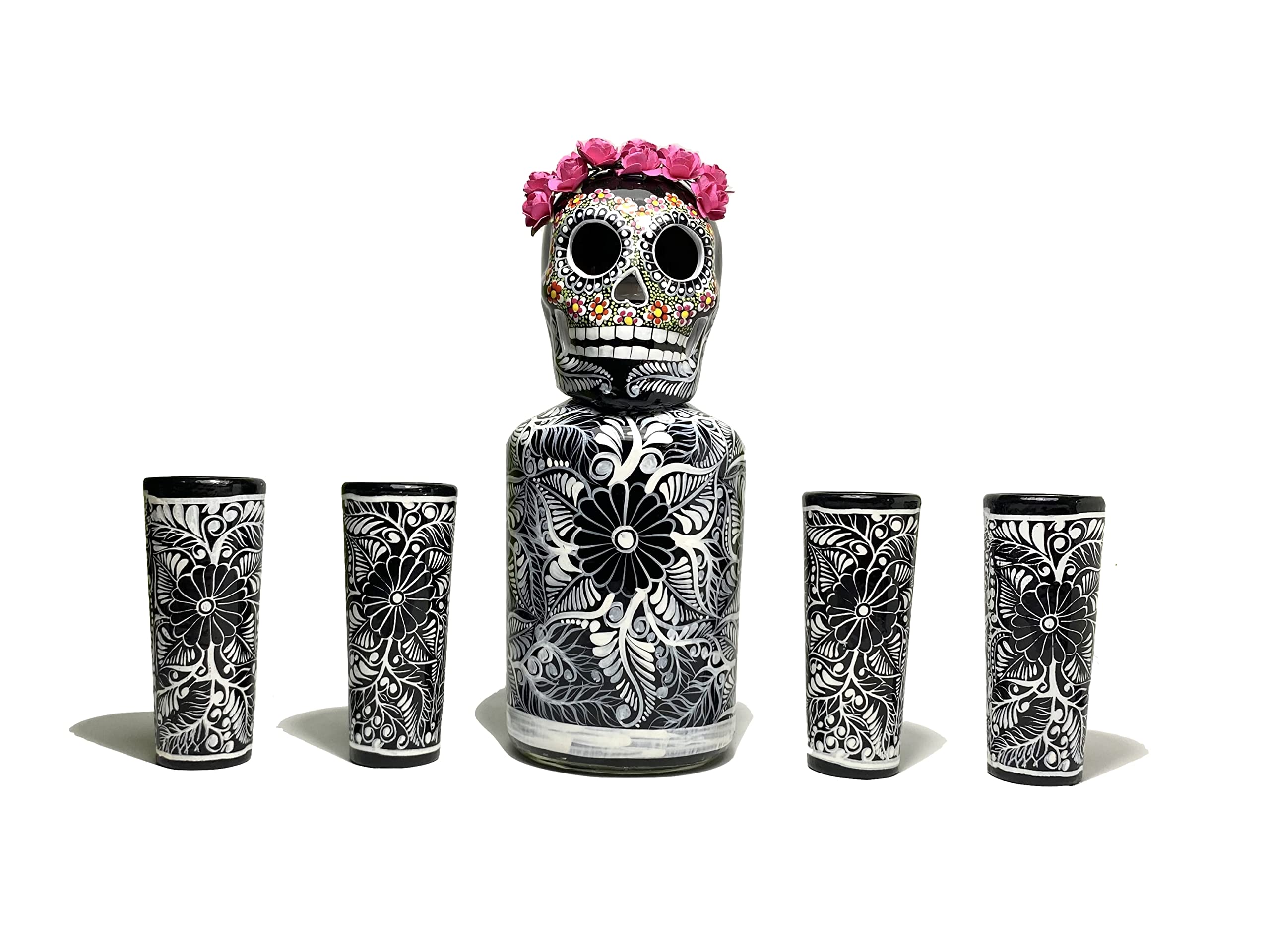 Hand-Painted Mexican Skull Tequila Decanter Set with Shot Glasses & Sombrero - Unique Bar Decor & Liquor Gift (Black Catrina Set) - Perfect for Cinco de Mayo Parties & Home Bar Decorations