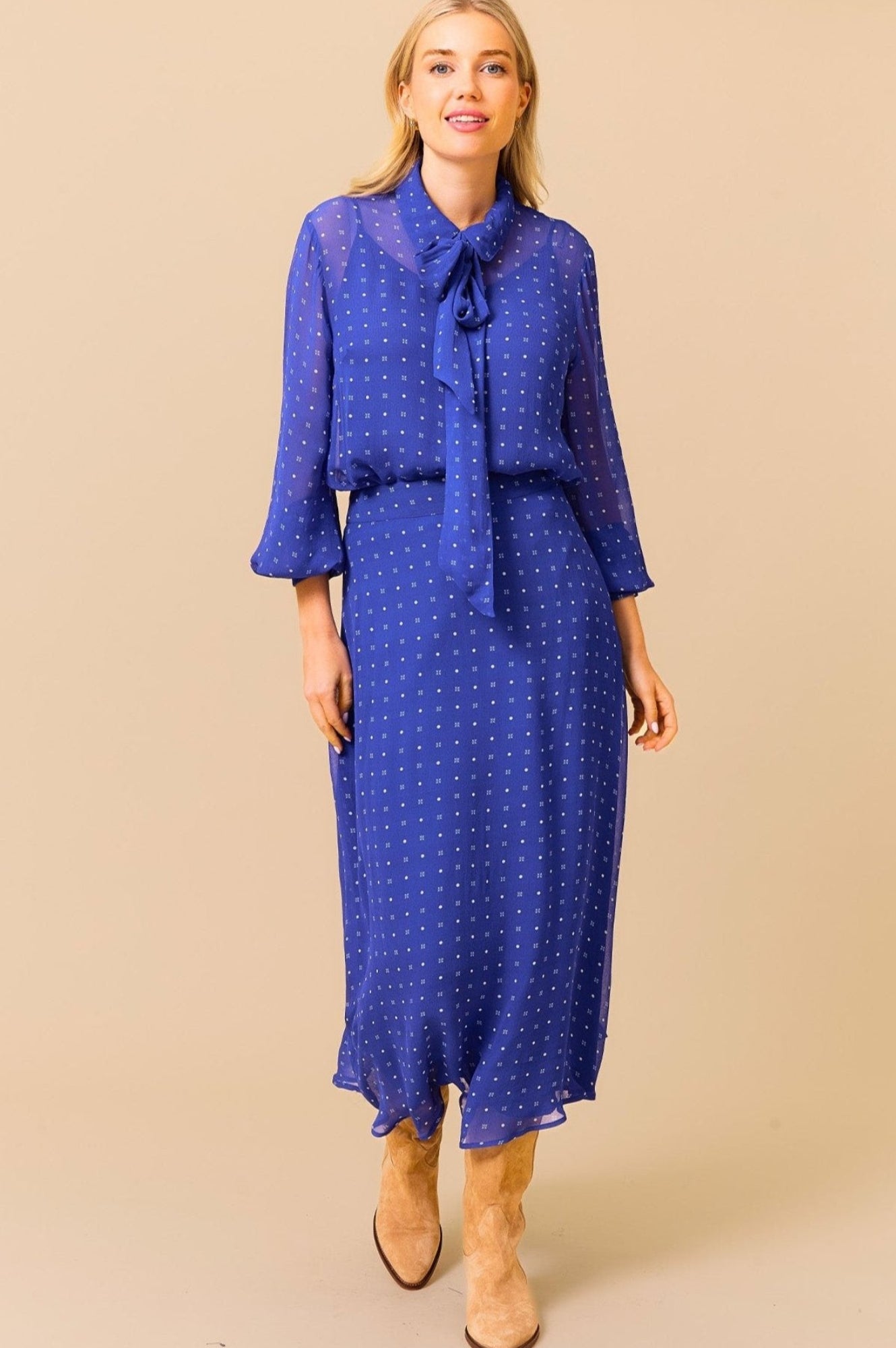 Kate Skirt - Polka Dot Cobalt & White Flared Midi Skirt for Women | Perfect for Office, Date Night & Summer Outfits