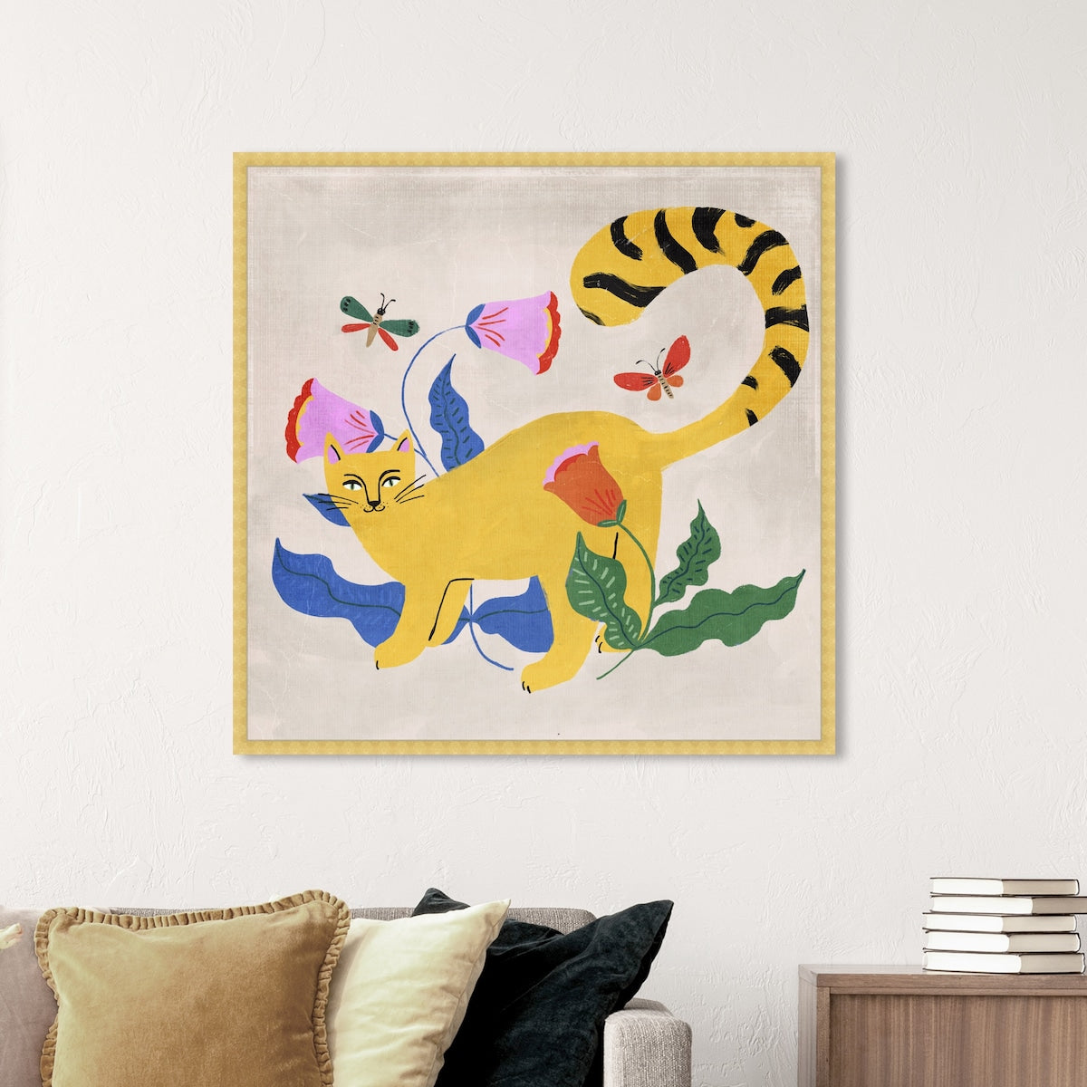Blonde Tabby Floral Kitten Butterfly Garden Modern Yellow Framed Wall Art Print - Perfect for Bedroom, Nursery & Home Decor