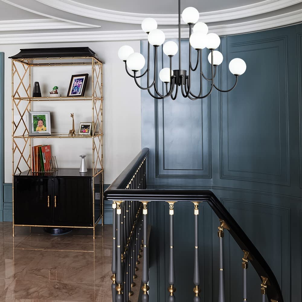 Modern Glass Globe 12-Light Sputnik Chandelier - Mid-Century Black Ceiling Light Fixture for Dining Room, Living Room, Bedroom, Kitchen, Stairwell & Office - Elegant Pendant Lighting for Home and Commercial Spaces