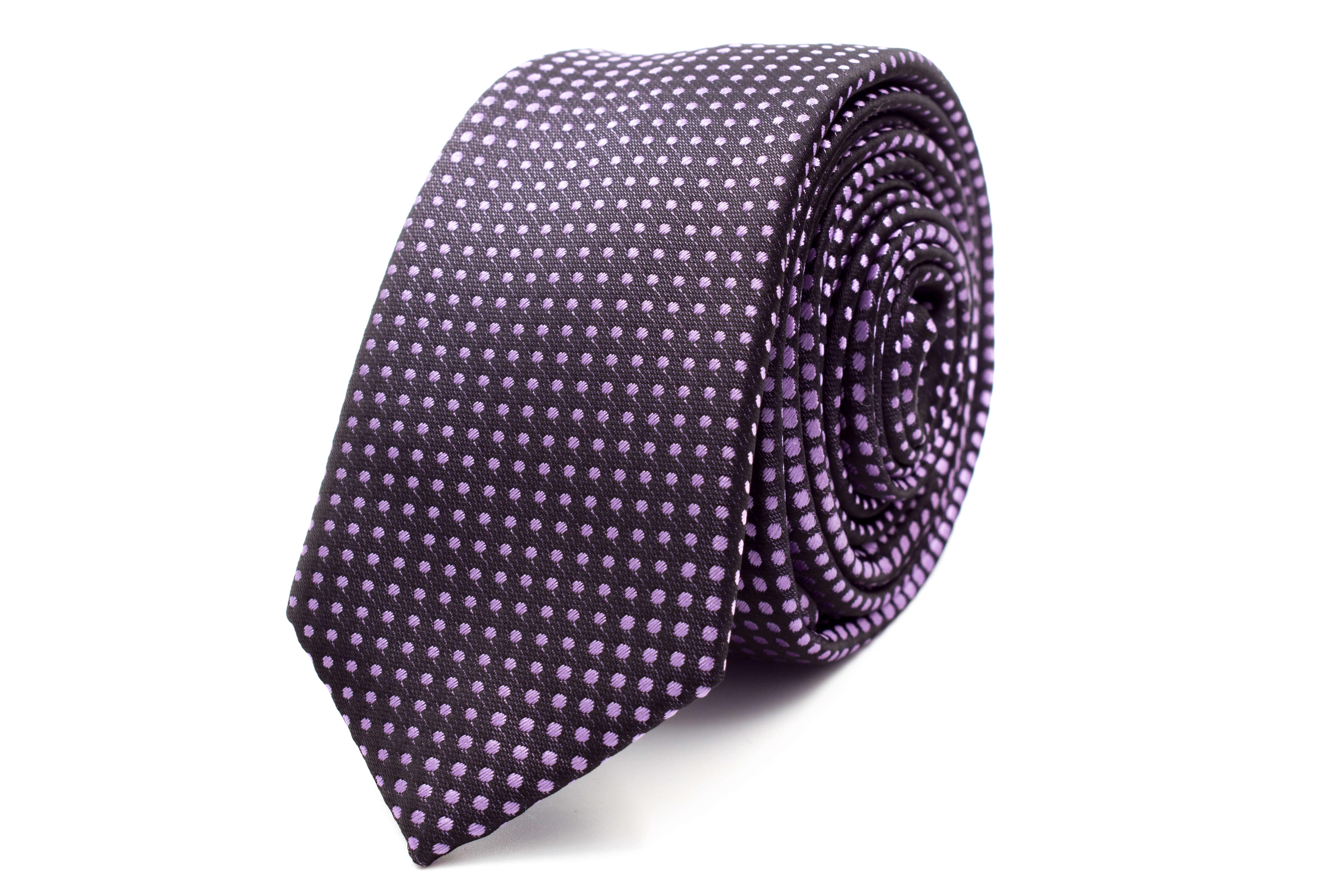 Stylish Black Skinny Tie with Purple Polka Dots - Perfect for Weddings, Business Meetings & Formal Events