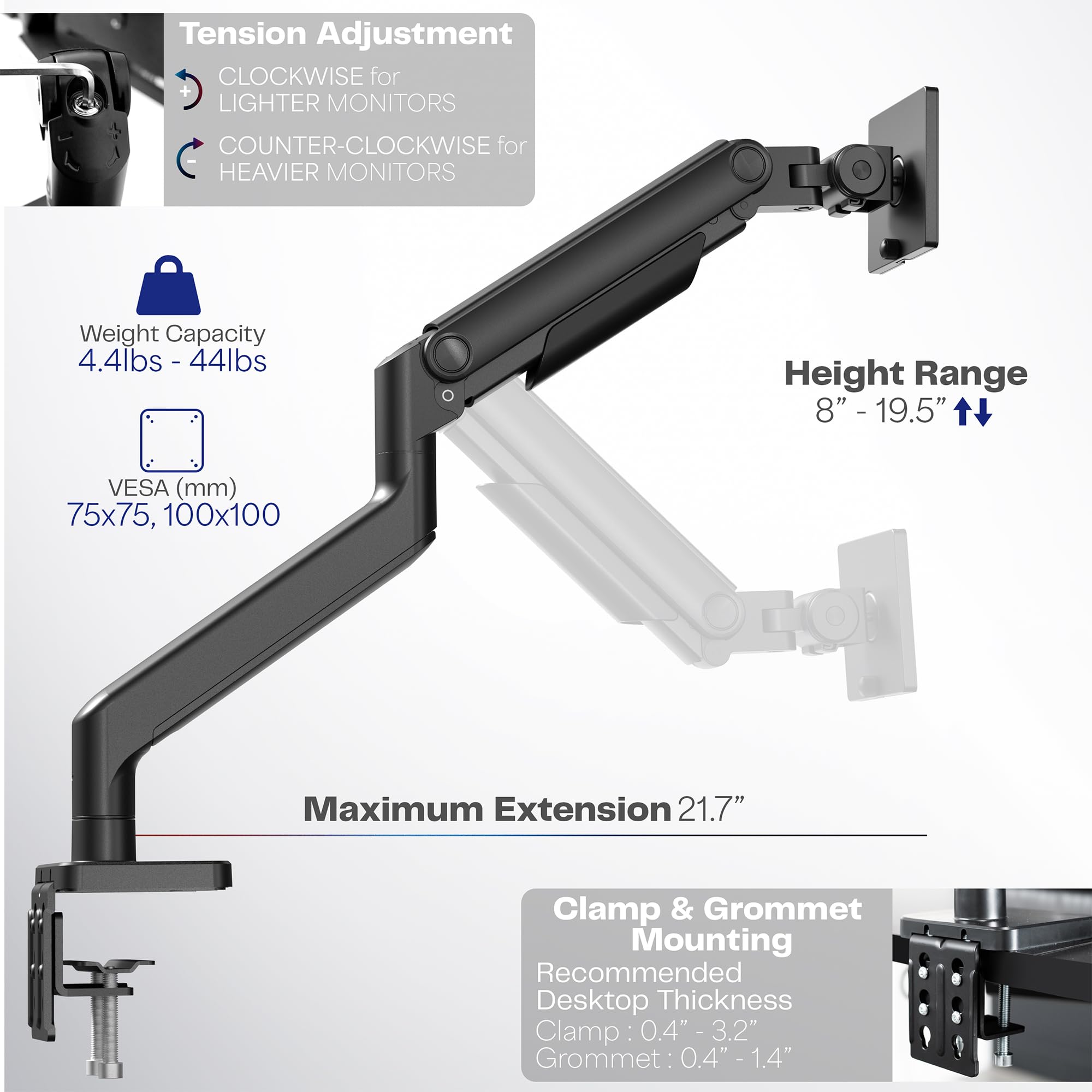 Heavy Duty Aluminum Ultrawide Monitor Arm for 49 inch Screens - 20kg Capacity, Premium Desk Mount Stand Compatible with Samsung Odyssey G9, LG Ultrawide & More (Black, STAND-V101E) - Perfect for Gaming, Office & Home Workstations