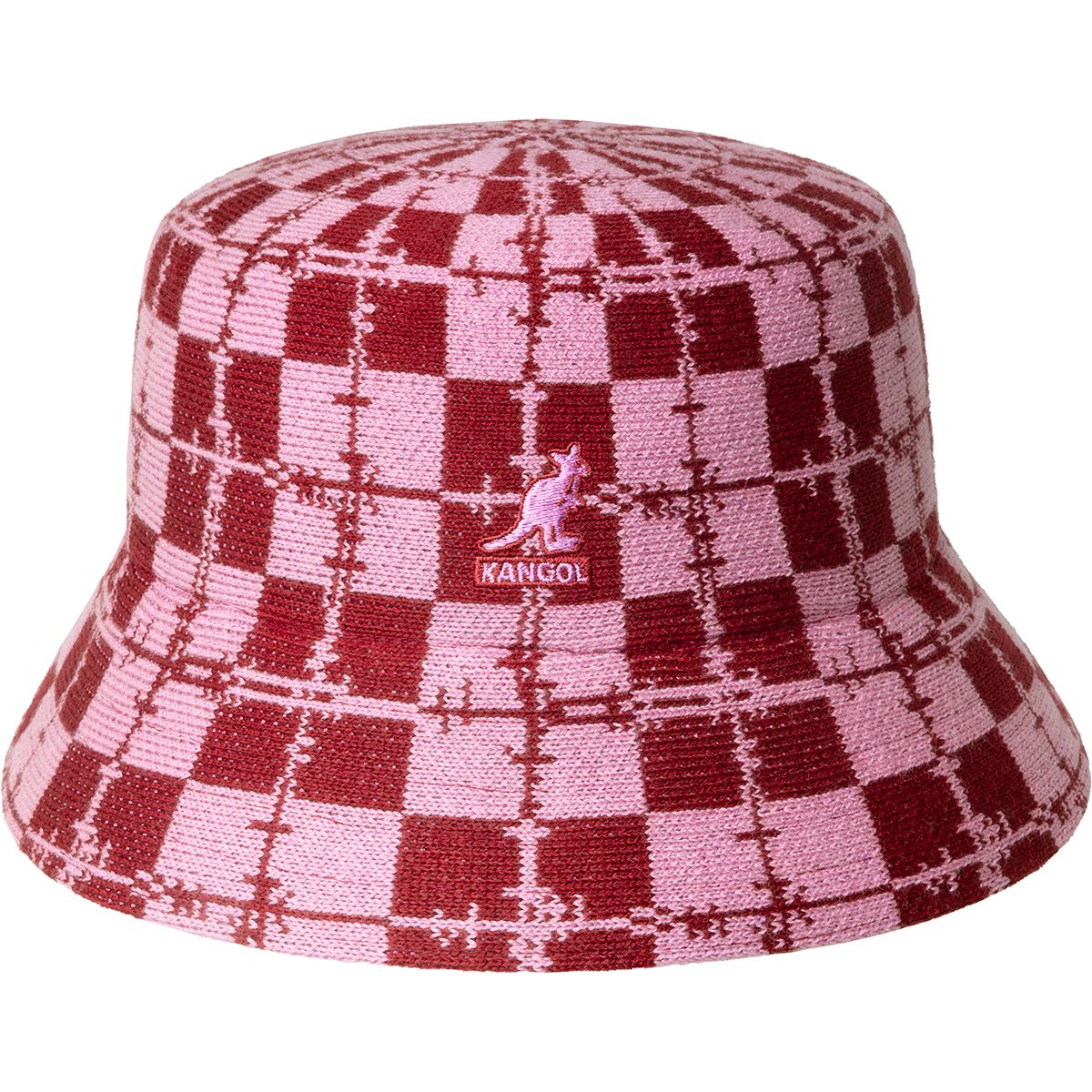 Kangol Barbed Check Bucket Hat - Stylish Red Velvet & Peony Pink Unisex Sun Hat for Outdoor Activities, Beach, and Street Fashion