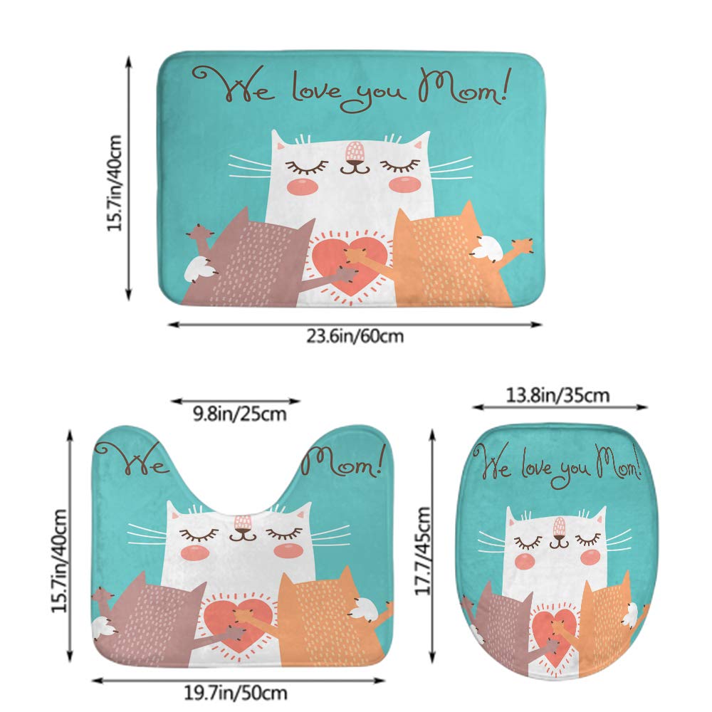 Cute Cat Bath Mat Set - 3 Piece Non-Slip Bathroom Rug with Toilet Lid Cover, Anti-Skid Pad in Green - Perfect for Mother's Day Gift & Kitty-Themed Bathroom Decor