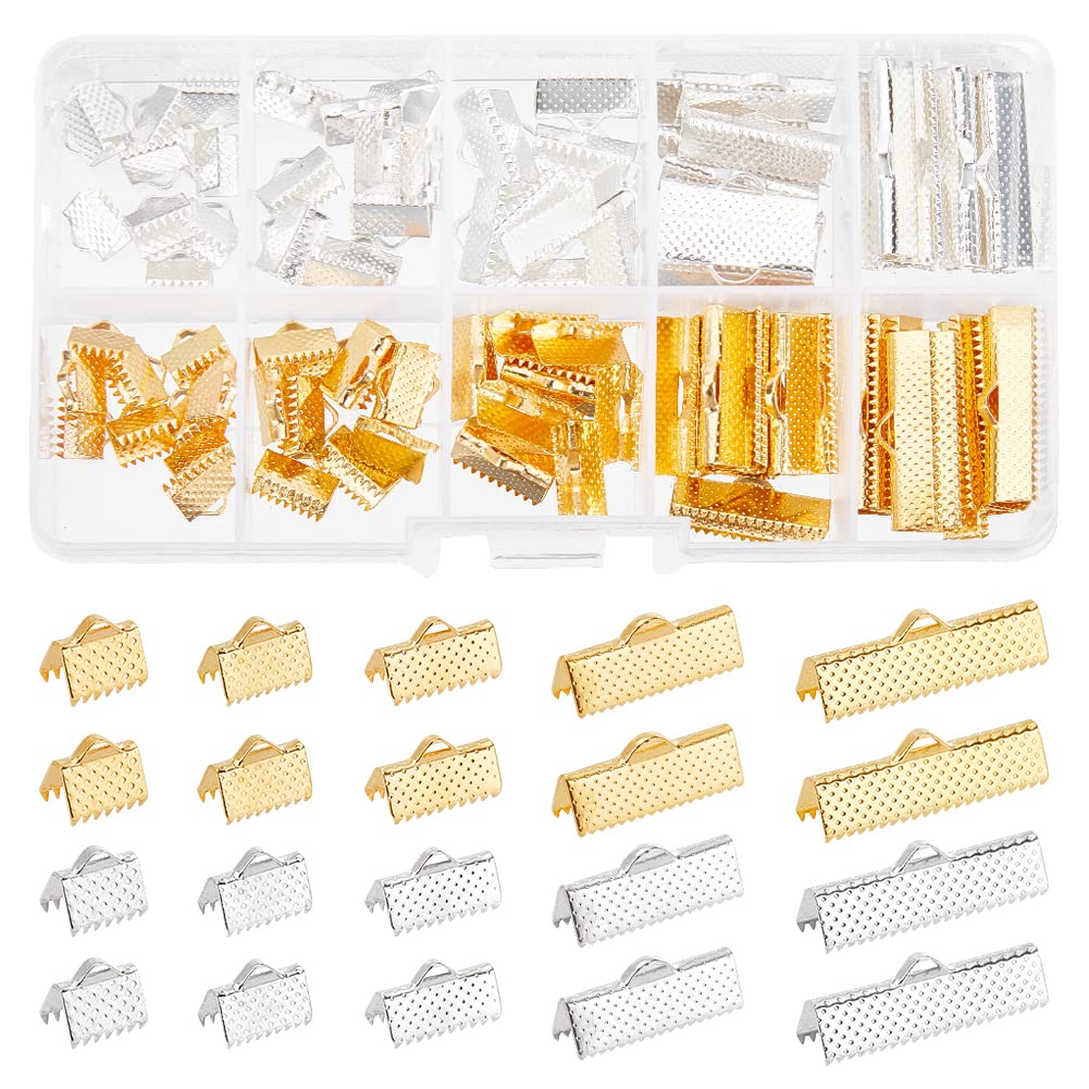 PH PandaHall 100Pcs Assorted Sizes Mixed Color Ribbon Clamp End Crimps for Jewelry Making, Bracelet DIY, Bookmark Craft, Leather Cord Ends, Pinch Beads (8-25x6-8x5mm) - Perfect for Jewelry Supplies & DIY Projects