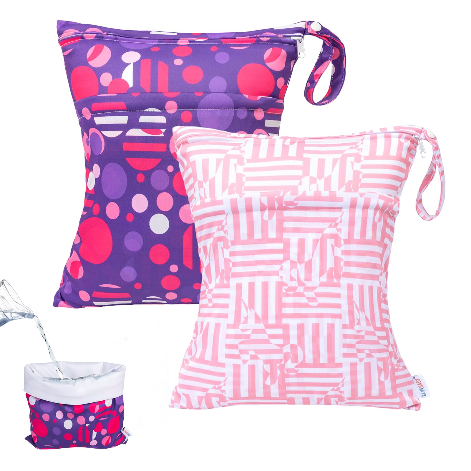 ALVABABY 2-Pack Waterproof Wet Dry Bags with Zippered Pockets - Reusable Storage for Baby Diapers, Swimwear & Gym Clothes | Perfect for Travel, Beach, Pool, Daycare & Yoga | Keep Wet & Soiled Items Contained