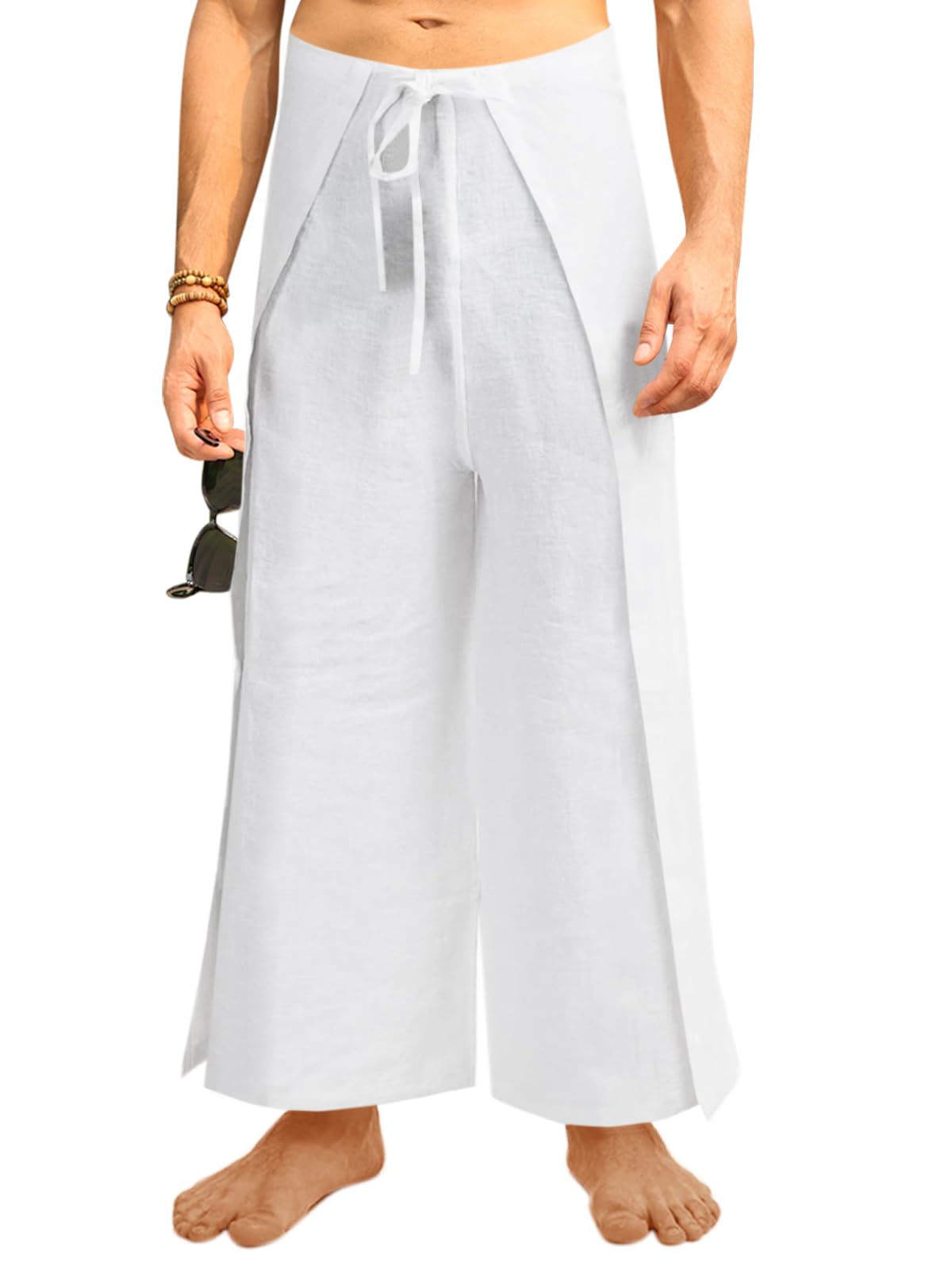Runcati Men's Linen Wrap Pants - Lightweight Loose Fit Yoga Beach Pants for Men, Breathable Thai Fisherman Hippie Style Trousers - Perfect for Yoga, Meditation, Travel and Summer Vacation