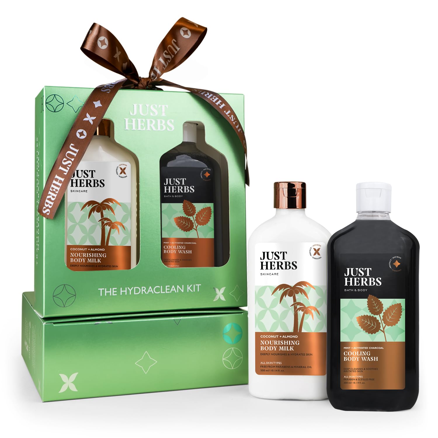 **Just Herbs Coconut Almond Body Milk & Charcoal Body Wash Gift Set (2 x 300ml) – Detox & Nourish Hydraclean Kit for Men & Women – Perfect for Spa Day & Relaxation**