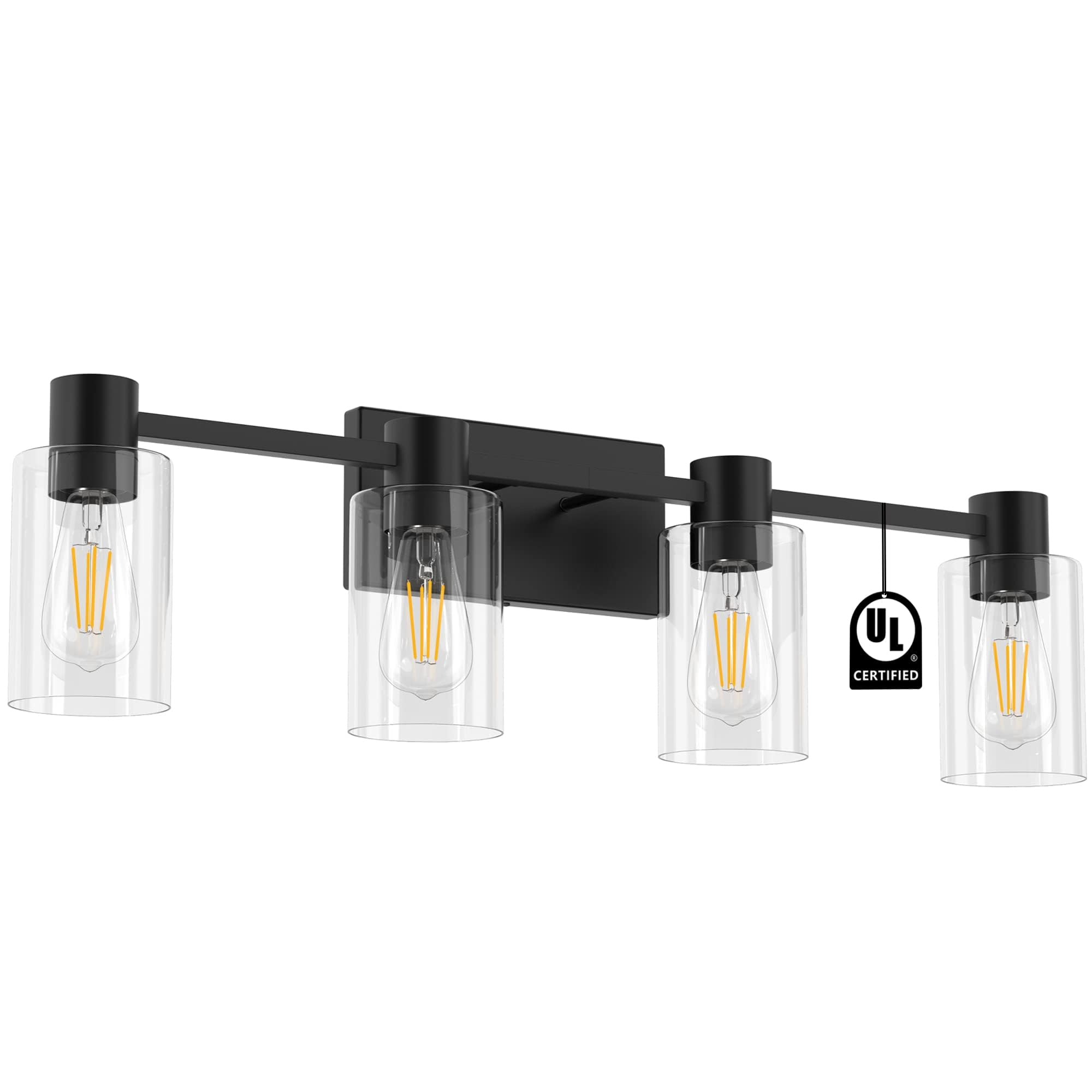 4-Light Modern Vanity Light Fixtures - Matte Black Bathroom Wall Sconce with Clear Glass Shade, E26 Base - Perfect for Bathroom Mirror Lighting, Powder Room, and Spa-Like Vanity Areas