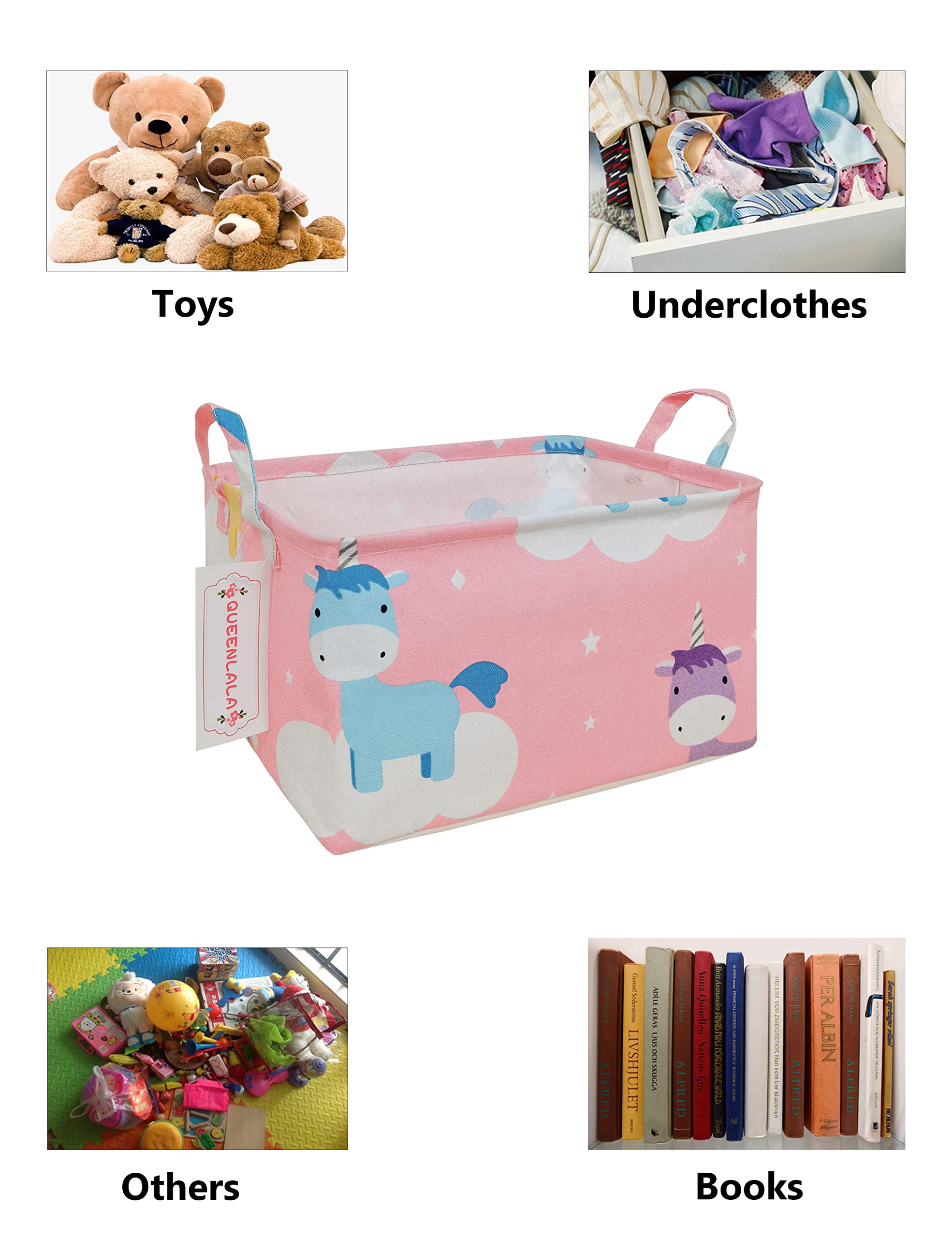 QUEENLALA Foldable Rectangular Laundry Hamper Basket - Nursery Storage Organizer for Toys, Clothes & Office Supplies | Portable Collapsible Bin for Bedroom, Closet & Shelf (Unicorn Design)