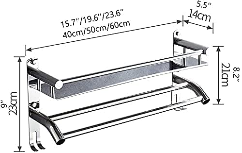 2-Tier Chrome Wall Mounted Bathroom Towel Holder with Hooks - 60cm Space Saving Towel Rack for Bath, Kitchen & Laundry Room Organization