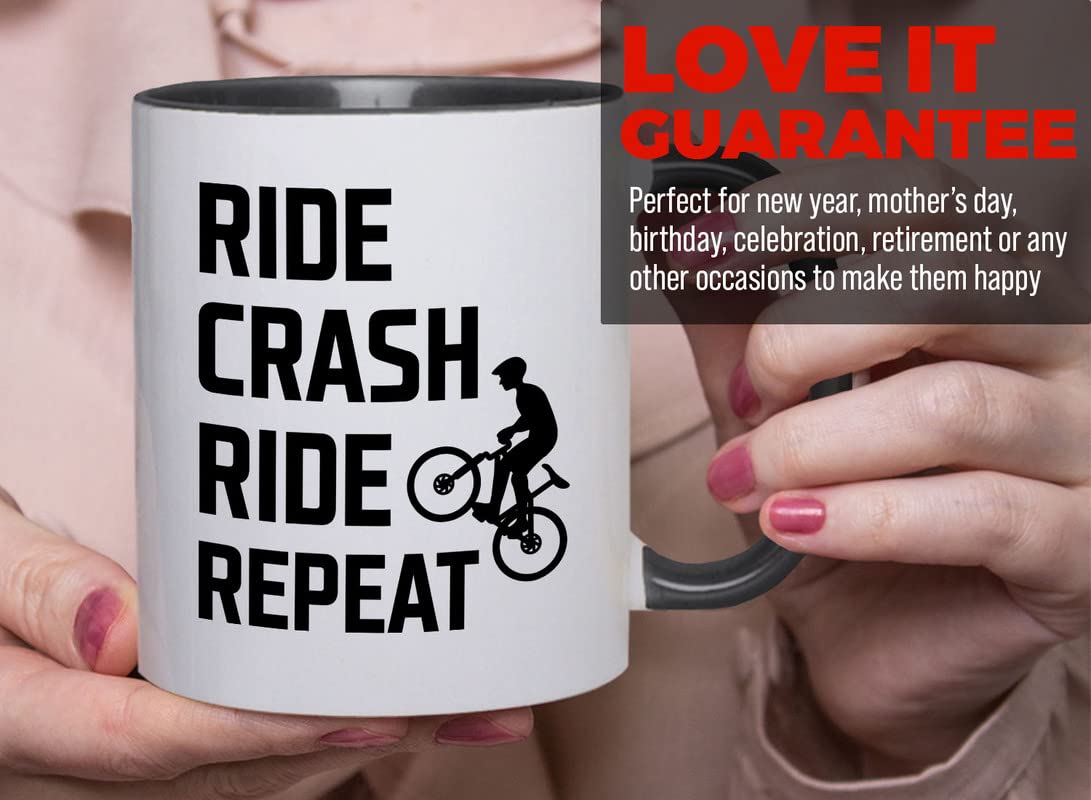 2-Tone Black 11oz Mountain Bike Coffee Mug - Ride Crash Ride Repeat - Perfect Gift for Dirt Bike, Bicycle & Road Cycling Enthusiasts - Ideal for Coffee Breaks, Office Use & Outdoor Adventures