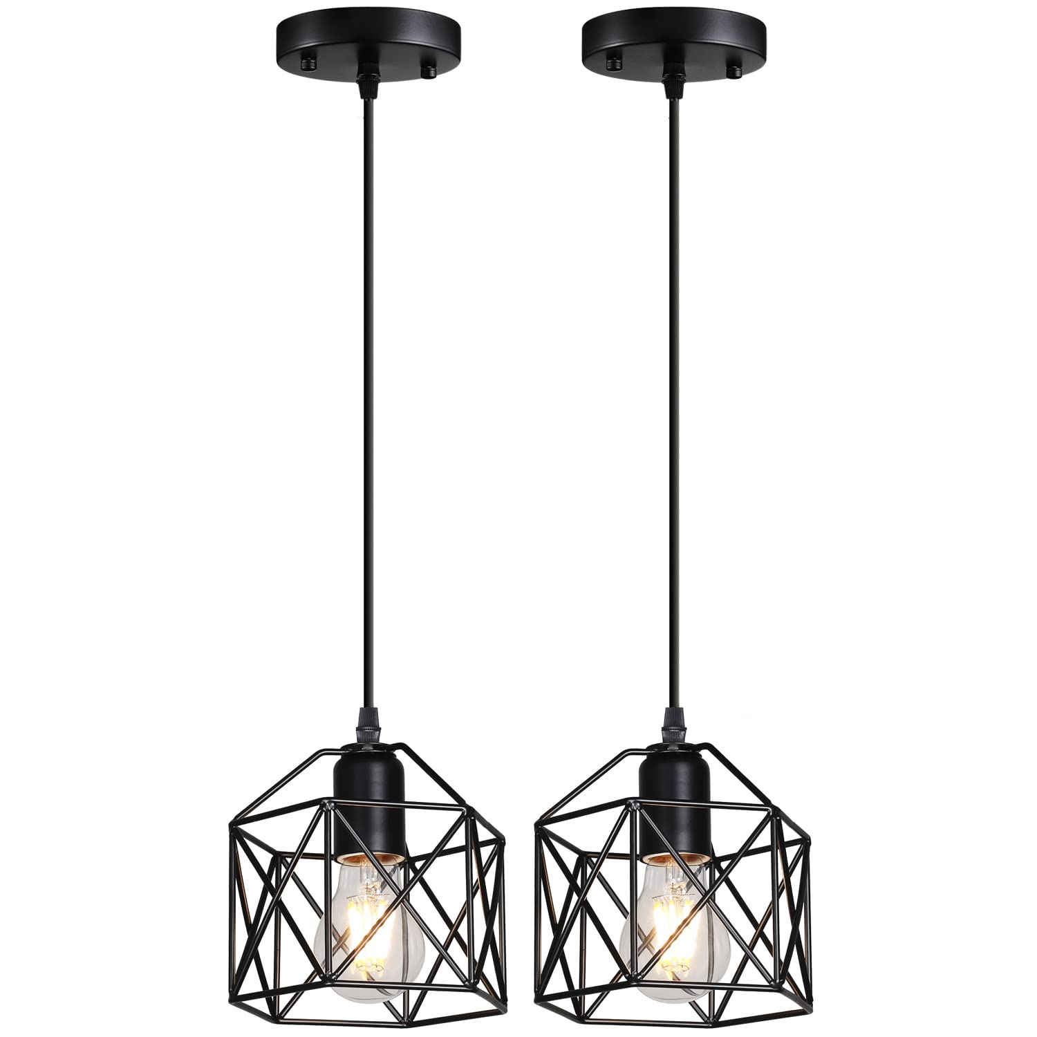2 Pack Vintage Farmhouse Hanging Pendant Light Fixture - Black Metal Basket Cage Ceiling Light with E26 Base for Edison Bulbs | Perfect for Kitchen Island, Dining Room, Restaurant, Hallway, Hotel & Bar Decor