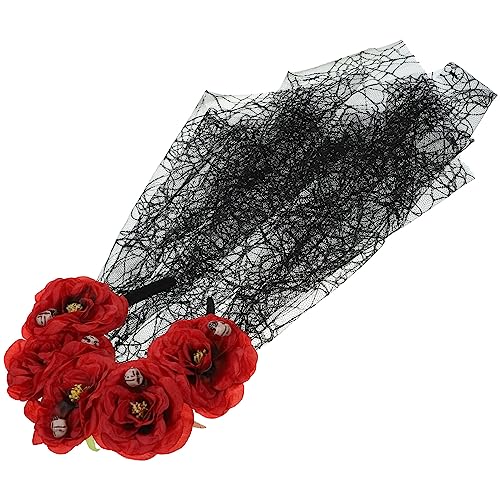 EXCLUZO Floral Veil Headband - Day of The Dead Headpiece, Rose Flower Crown with Veil for Halloween, Witch Costume & Masquerade Party Accessories (Red) - Perfect for Halloween, Dia de Los Muertos, Cosplay, Themed Parties & Photo Shoots