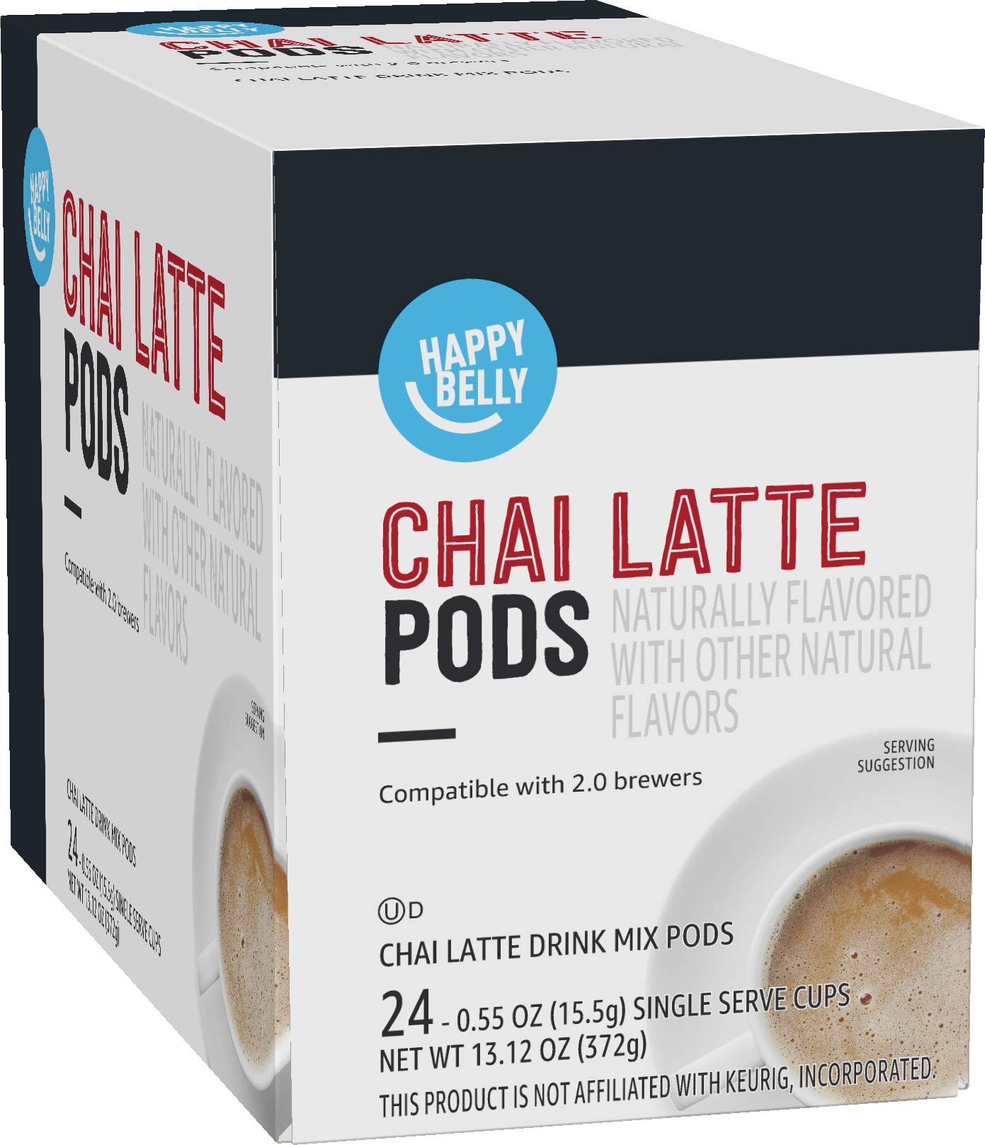Happy Belly Chai Latte Tea Pods - 24 Count, Compatible with Keurig 2.0 K-Cup Brewers | Single Pack | Perfect for Morning Energy & Afternoon Relaxation at Home or Office