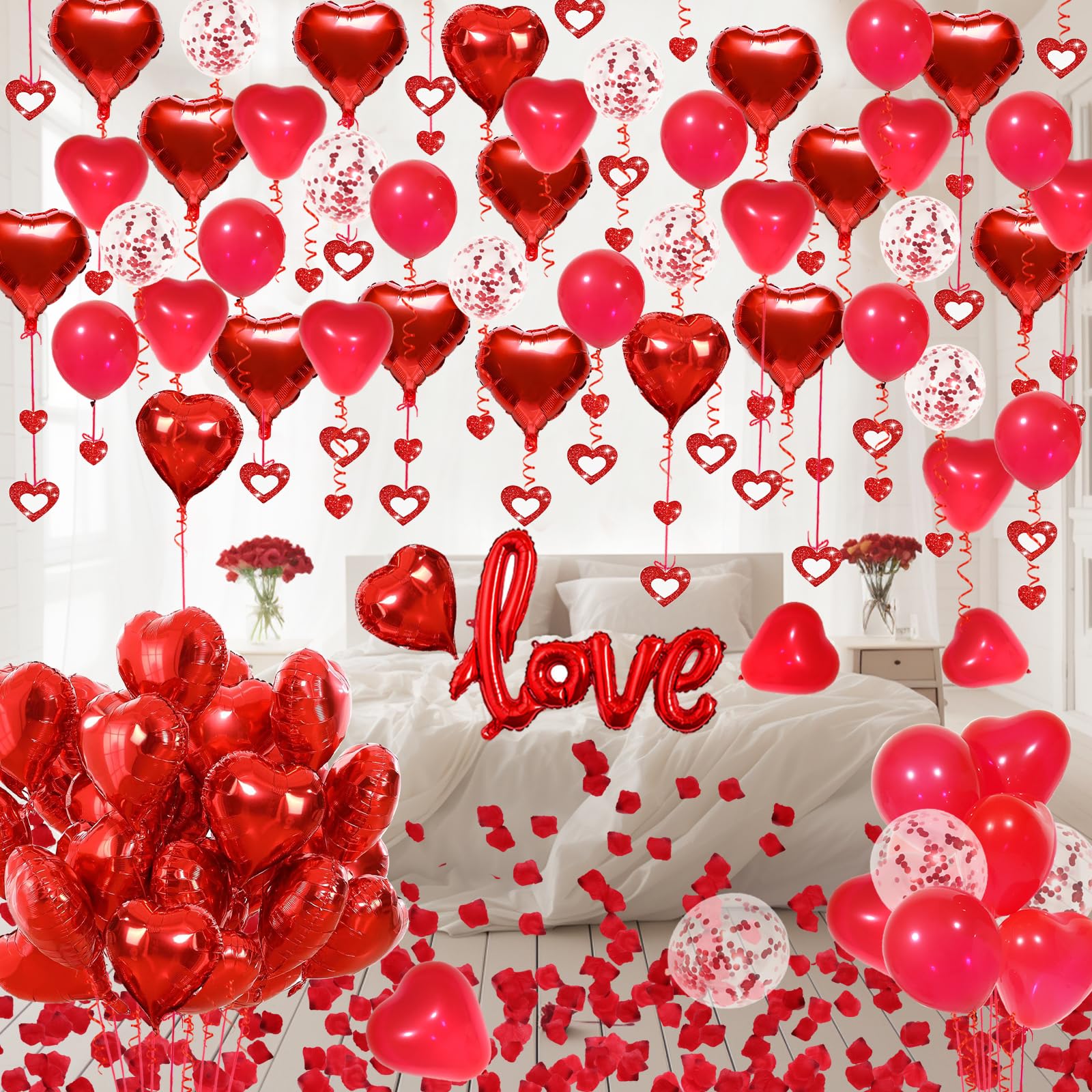 Romantic Valentine's Day Decorations Set - Red Heart Balloons, Love Balloons, Fake Rose Petals & Hanging Heart Decor for Wedding, Anniversary, Proposal & Romantic Party Decorations - Perfect for Bedroom, Restaurant & Photo Backdrop Scenes