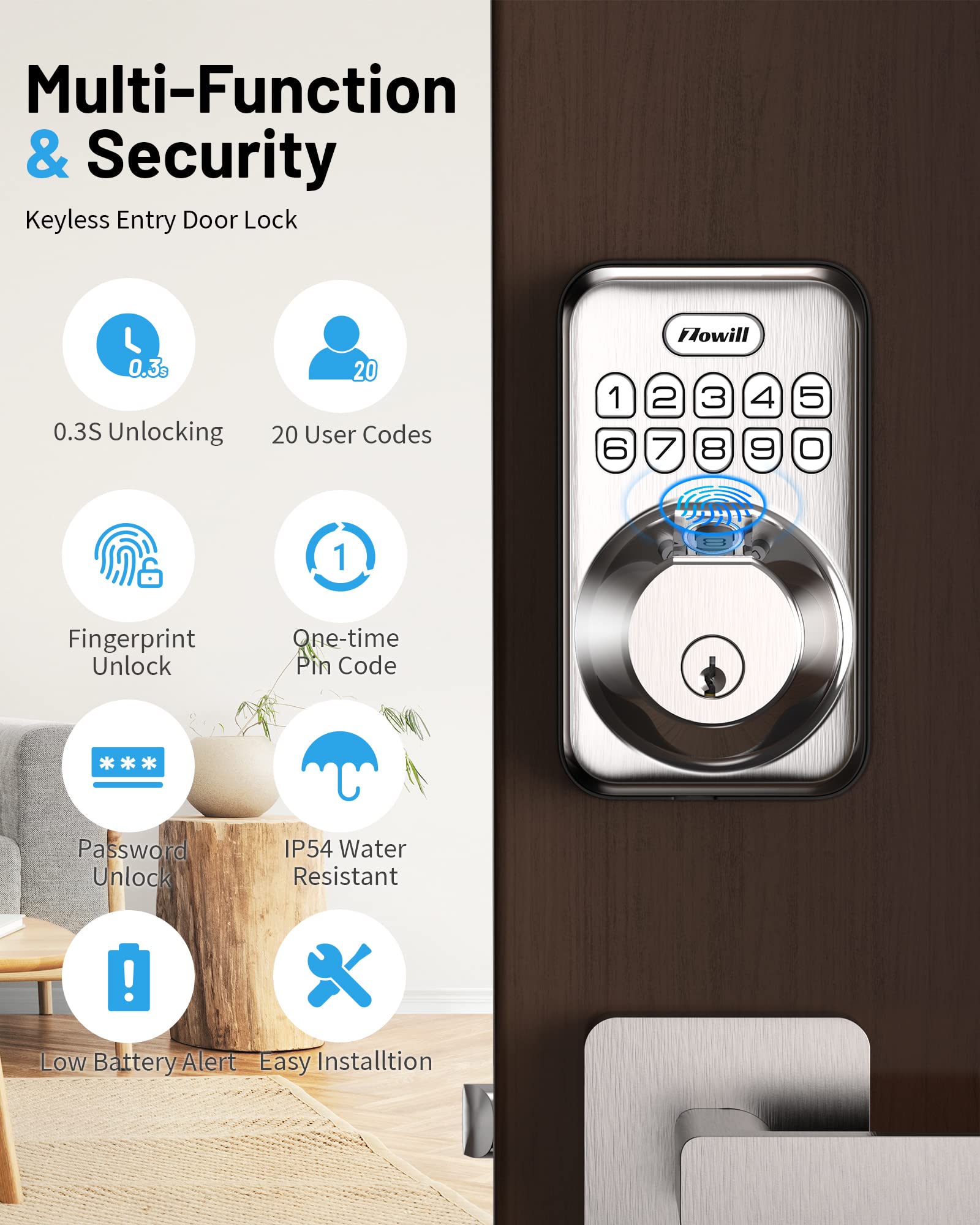 Zowill Smart Fingerprint Door Lock - Keyless Entry Deadbolt with 20 Biometric Fingerprints, Auto Lock & One-Touch Locking - Easy Install Electronic Keypad - Satin Nickel Finish | Perfect for Homes, Apartments, Offices & Vacation Rentals