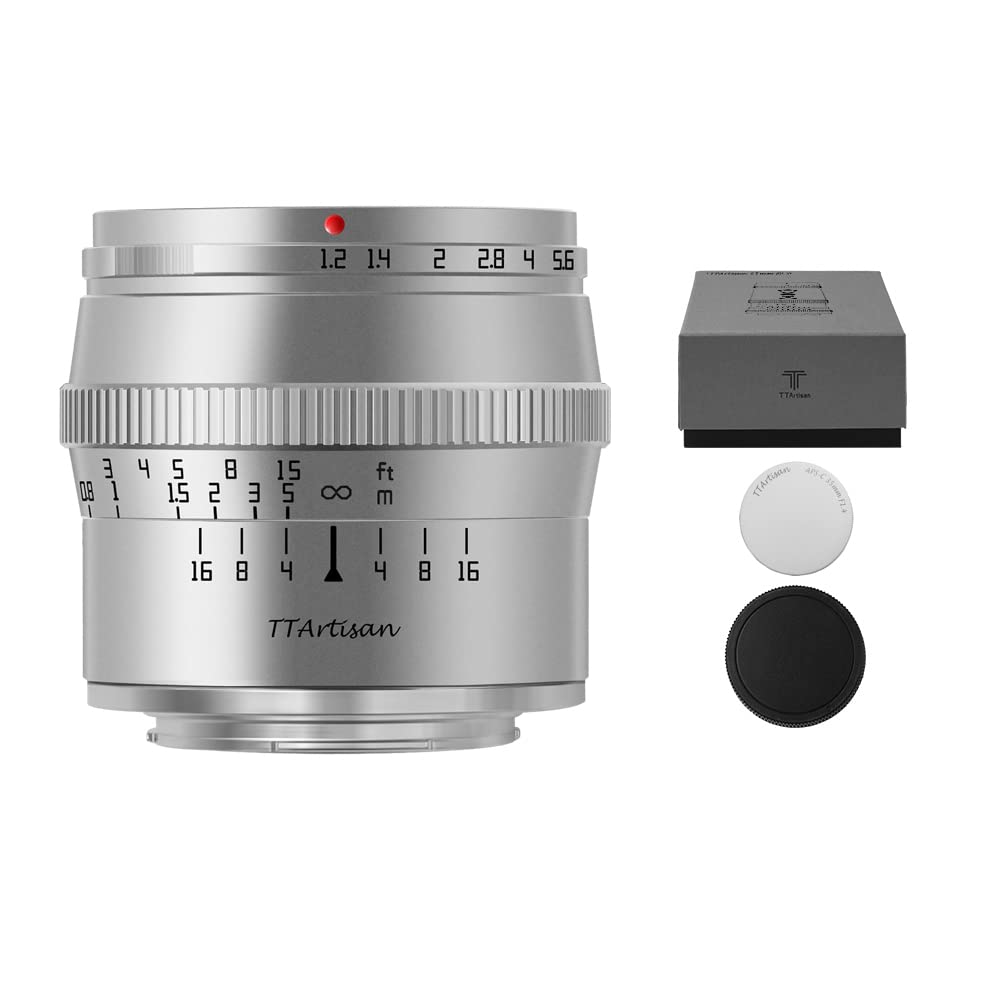 TTartisan 50mm f1.2 APS-C Manual Focus Lens for Sony E Mount (Silver) - Fast Prime Lens for Portrait & Low Light Photography - Compatible with Sony A7III, A7R, A7S, A6000, ZV-E10, NEX Cameras - Canadian Warranty Included
