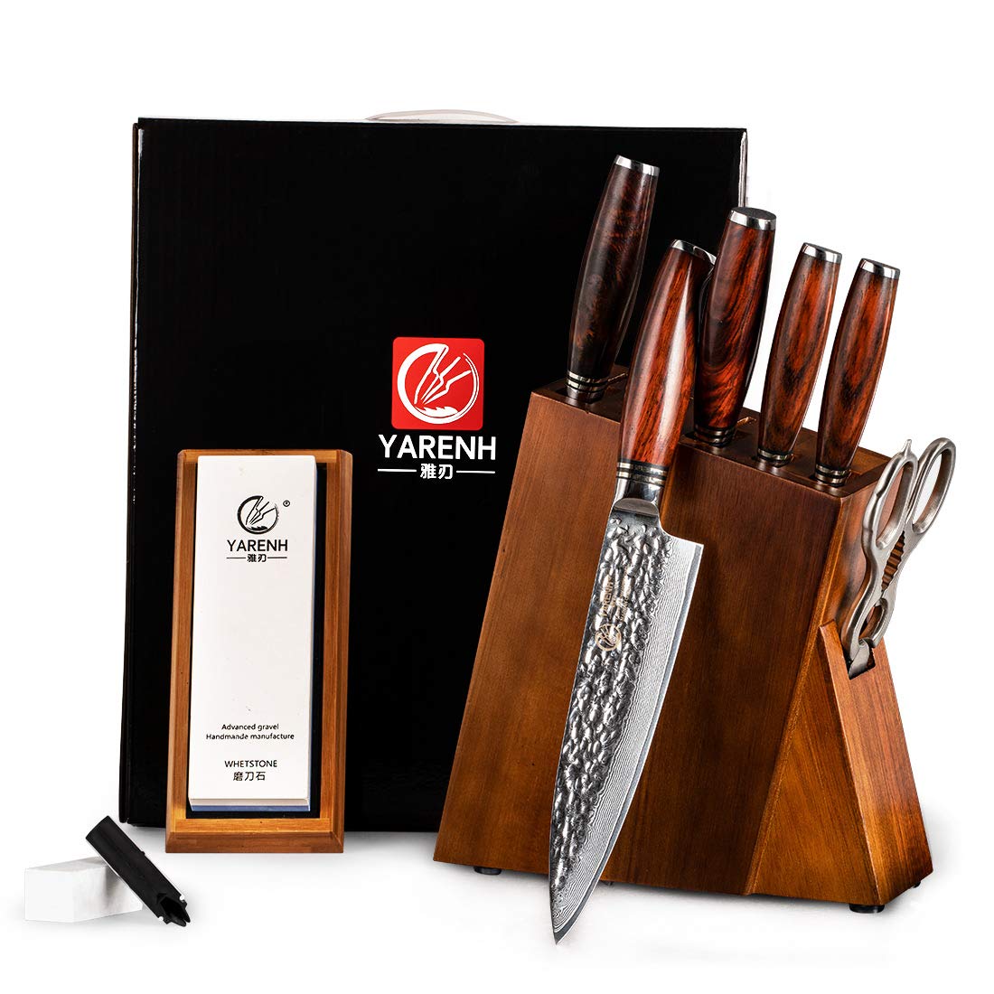 YARENH 8-Piece Professional Damascus Chef Knife Set - High Carbon Stainless Steel Blades, 73 Layers, Full Tang with Dalbergia Wood Handle & Walnut Block - Perfect for Home Cooking, Professional Kitchens & Culinary Gifts