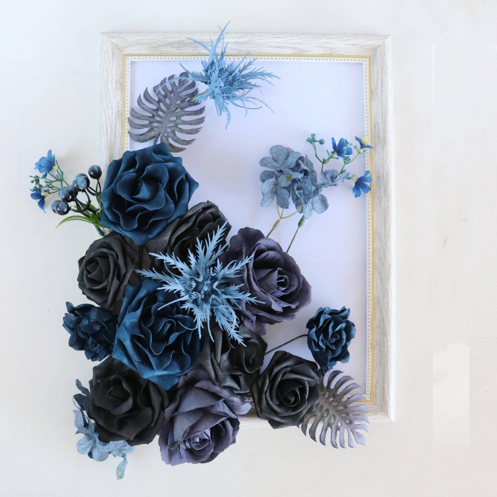 Blue and Black Artificial Rose Flower Box - Wedding Bouquet, Bridal Shower, Party Decor, Valentine's Day Gift - Perfect for Home Decoration, Wedding Centerpieces & Photo Frame Ornamental Flowers