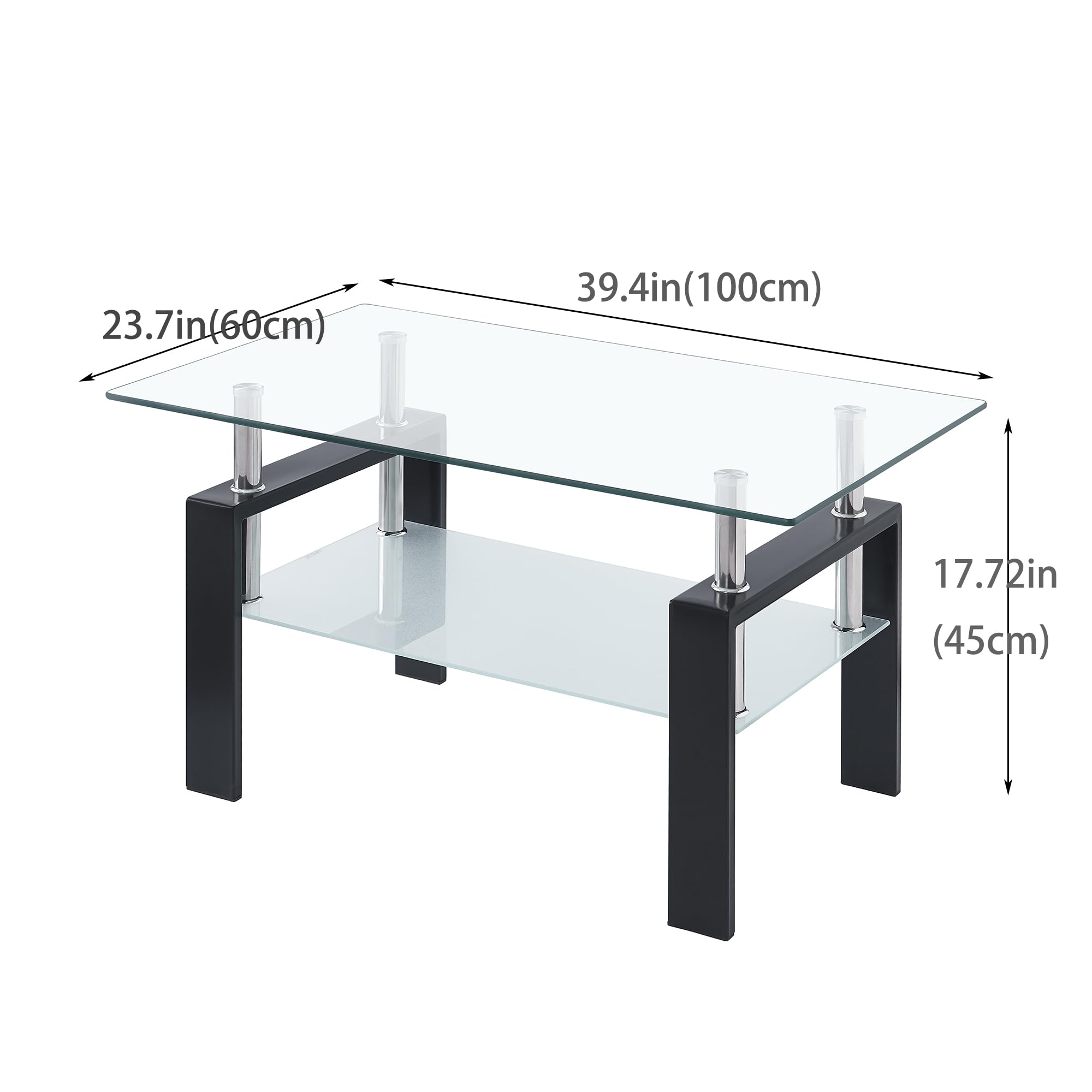 Modern Clear Glass Coffee Table Set of 3 with Black Metal Legs - Transparent Waterfall Living Room Tables for Small Spaces - Perfect for Apartments, Condos & Contemporary Home Decor