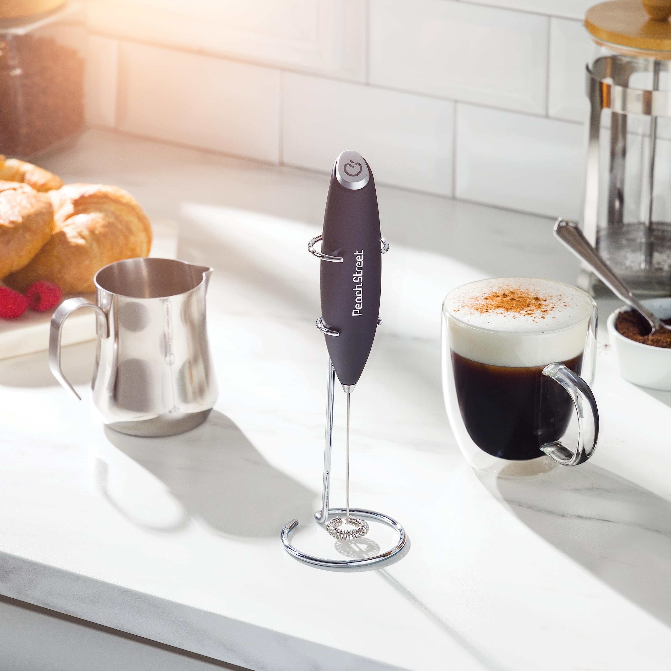 Premium Handheld Milk Frother - Battery Operated Stainless Steel Drink Mixer for Coffee, Lattes, Cappuccino & Hot Chocolate | Mini Milk Frother Wand with Stand | Perfect for Home, Office & Cafe Use | Ideal Gift for Coffee Lovers