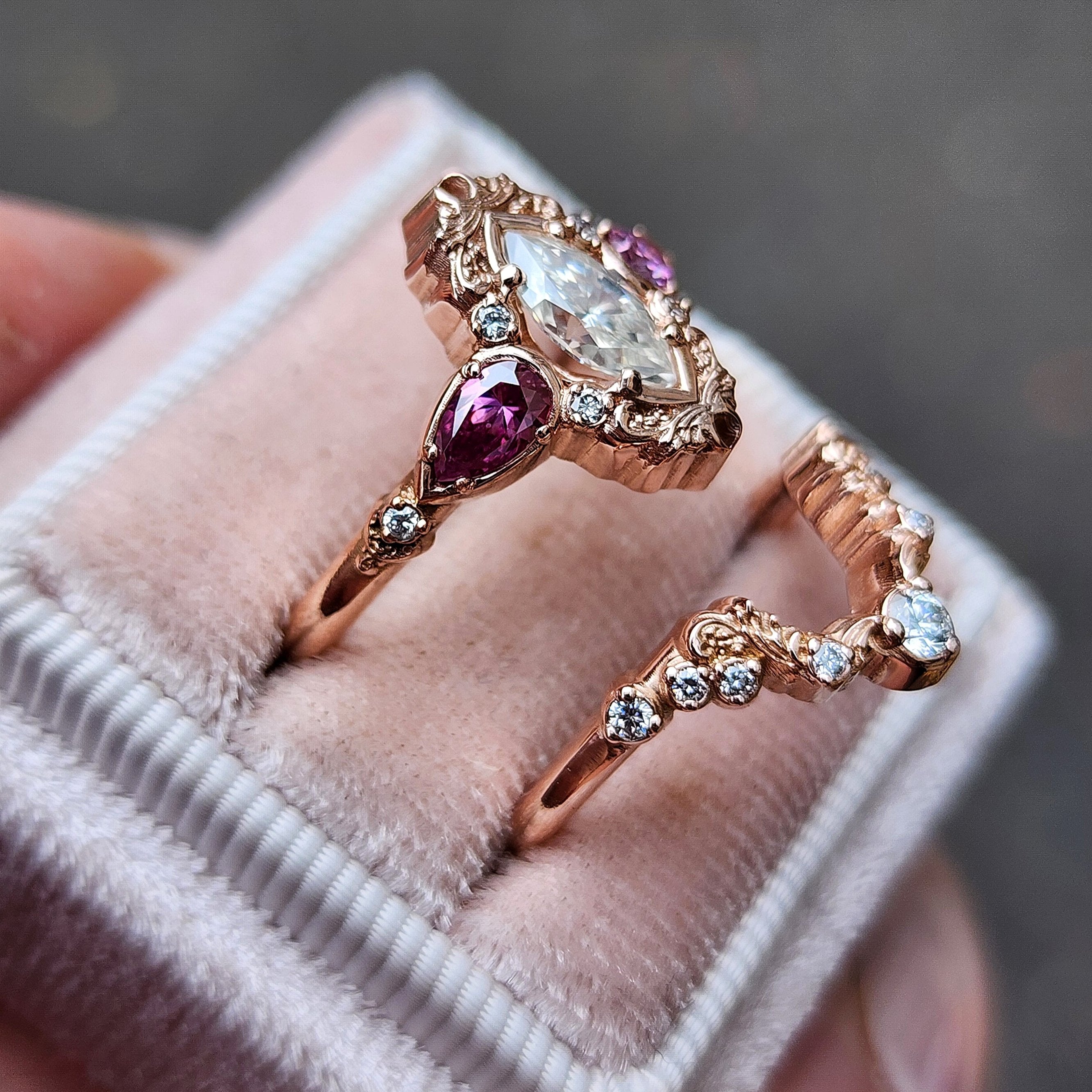 Odette Marquise Engagement Ring Set with Pink Moissanite Pear Accents & Gold Scroll Details - Matching Diamond Wedding Band for Women | Perfect for Proposals, Anniversaries & Bridal Jewelry