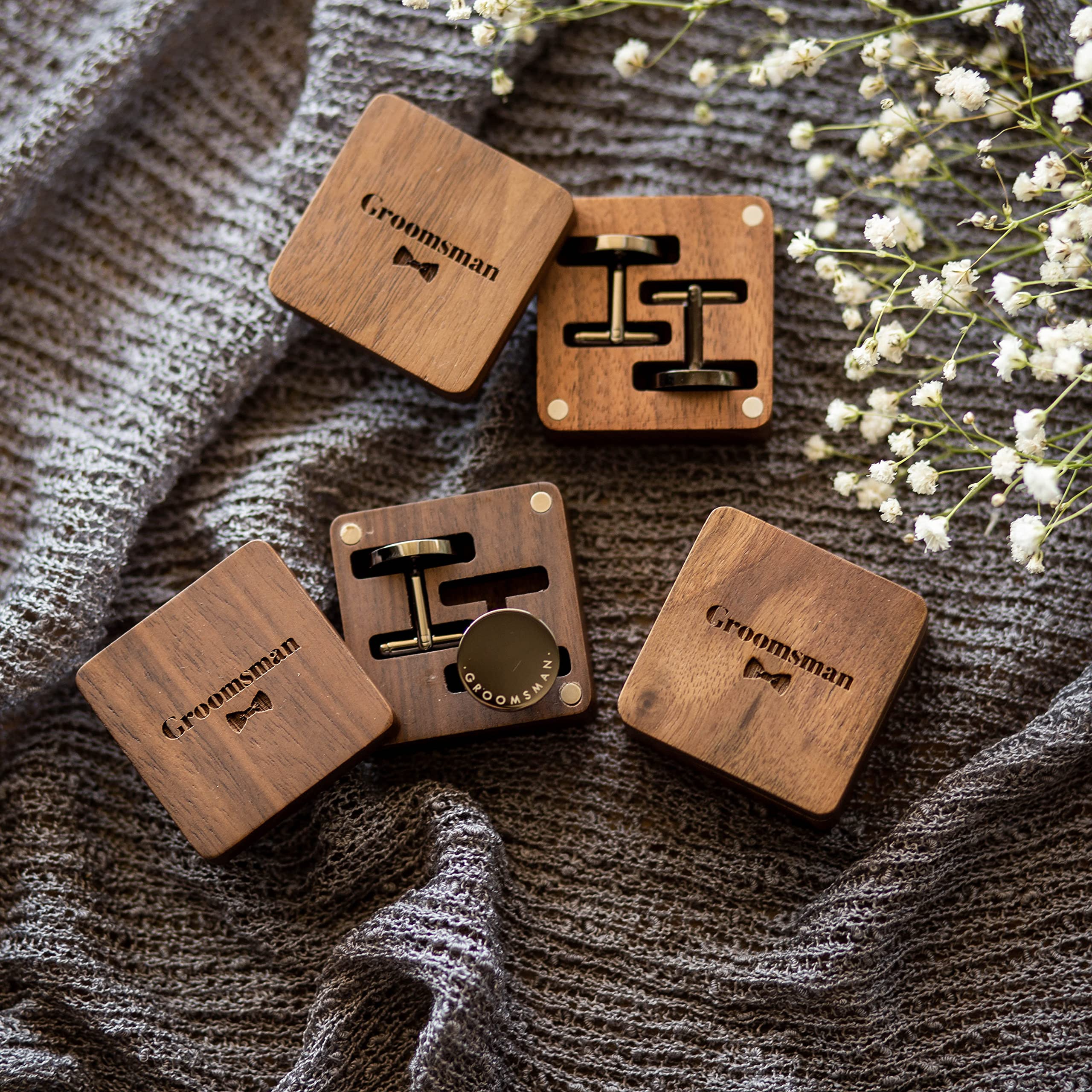 Premium Engraved Wooden Cufflinks Set - Elegant Gift Box for Men - Perfect for Weddings, Business Meetings & Formal Events