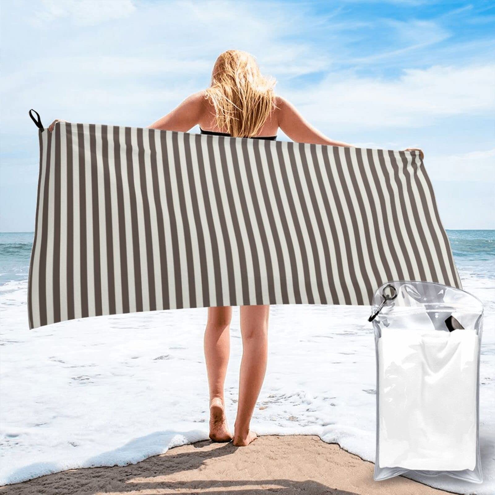Quick Dry Sand Free Beach Towels for Adults & Kids - Super Absorbent Brown Stripe Bath Towels with Pockets (31.5x63 Inch) - Perfect for Beach, Pool, Yoga, Gym, Travel & Bathroom Use