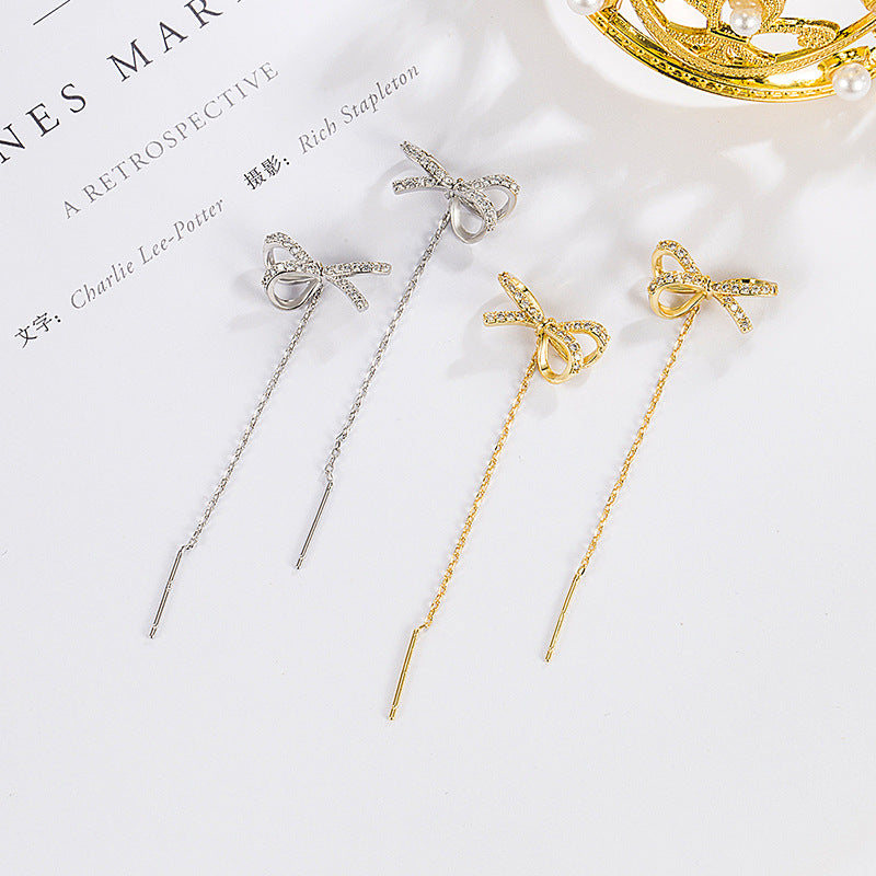 Gold Bow Tassel Fringe Threader Earrings for Women - Elegant Dangle Drop Earrings for Parties, Weddings & Special Occasions | R0016