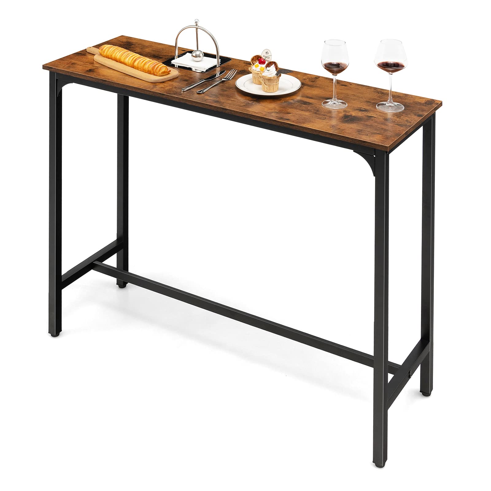 COSTWAY 48 Inch Industrial Bar Table with Steel Frame & Footrest - Rustic Brown Kitchen Dining Table, Narrow Console Table for Entryway, Home & Apartment | Perfect for Small Spaces, Breakfast Nooks & Entertaining Guests