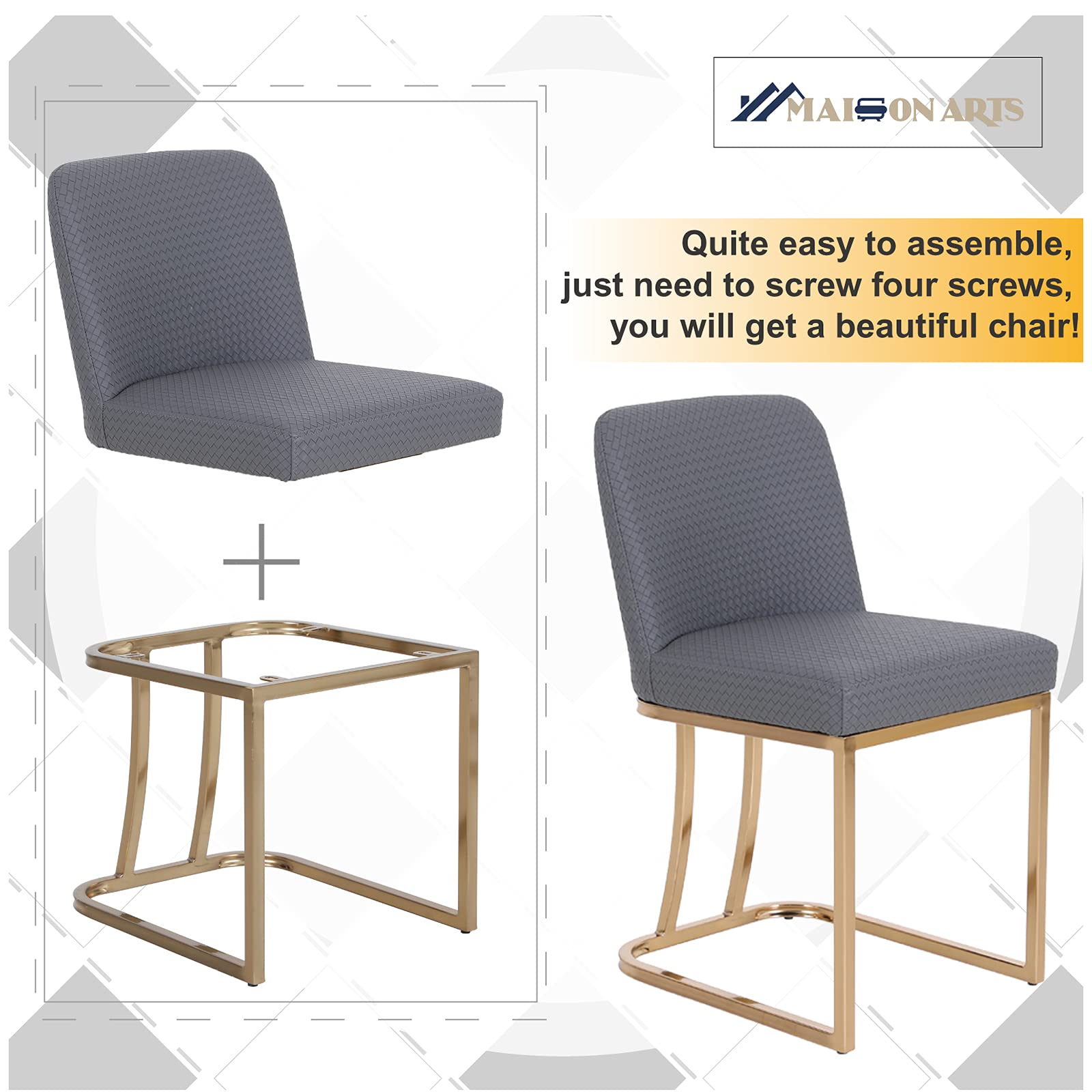 MAISON ARTS Faux Leather Dining Chair - Modern Upholstered Kitchen & Dining Room Chair with Gold Frame - Comfortable Cafe & Hotel Seating - Perfect for Home, Restaurant or Office (Grey, 1-Piece)