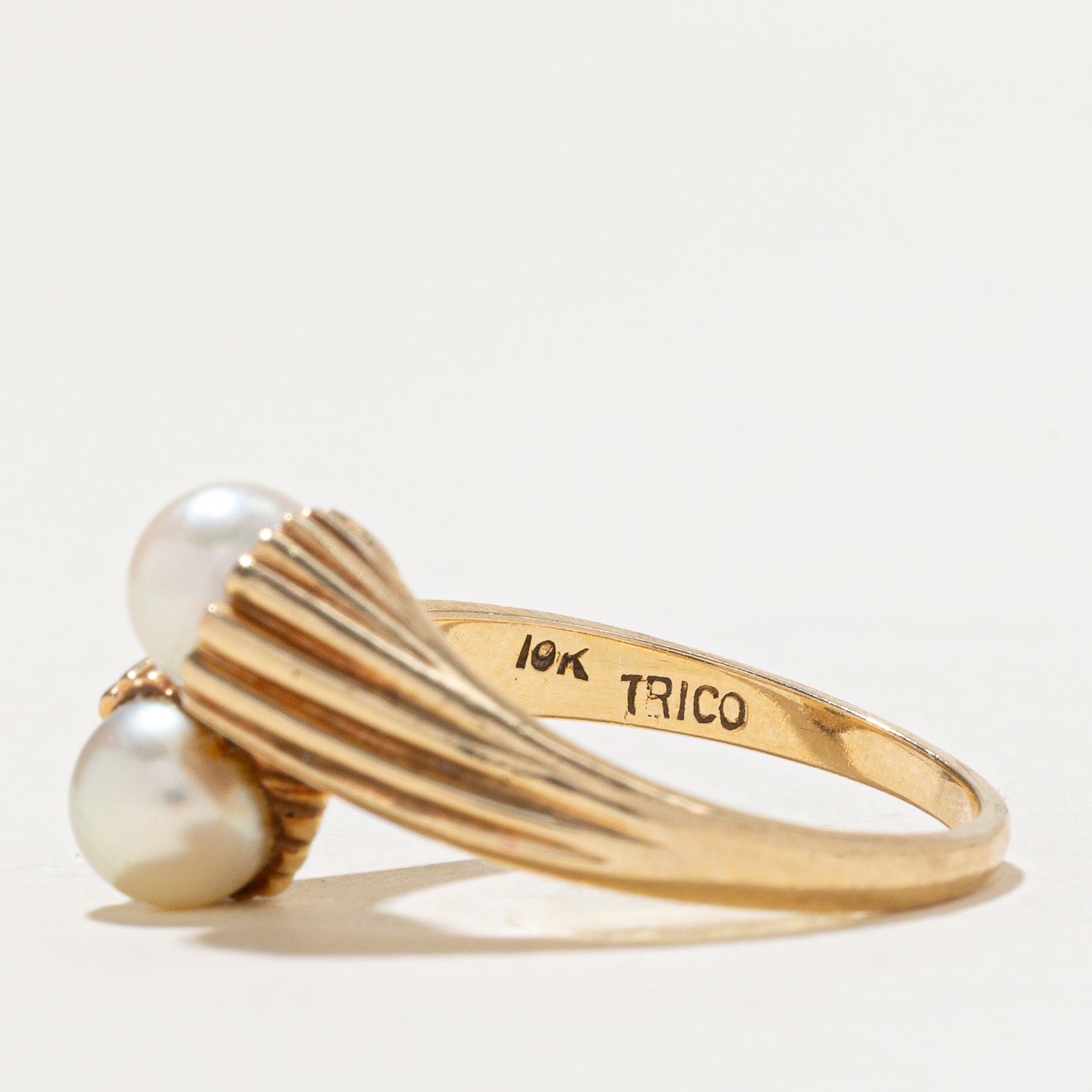Two Stone Pearl Grooved Bypass Ring - Size 6.25 | Elegant Stackable Jewelry for Women, Perfect for Weddings, Anniversaries & Everyday Wear