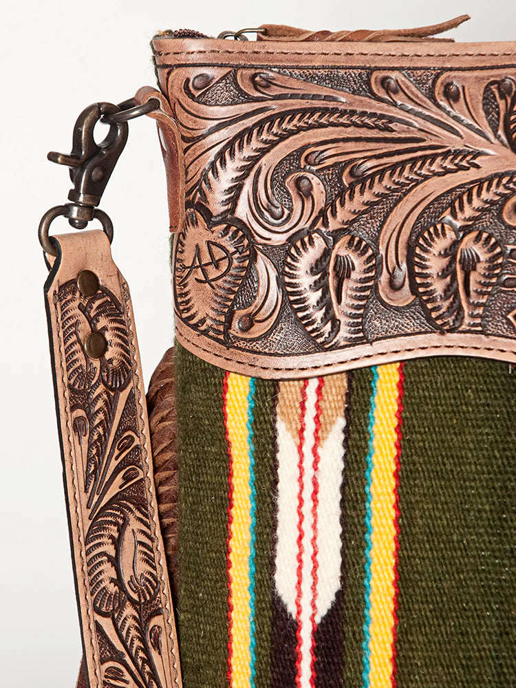 Handcrafted Green Aztec Leather Crossbody Bag for Women - Boho Chic Tribal Purse with Tooled Detailing | Perfect for Festivals, Travel & Everyday Use