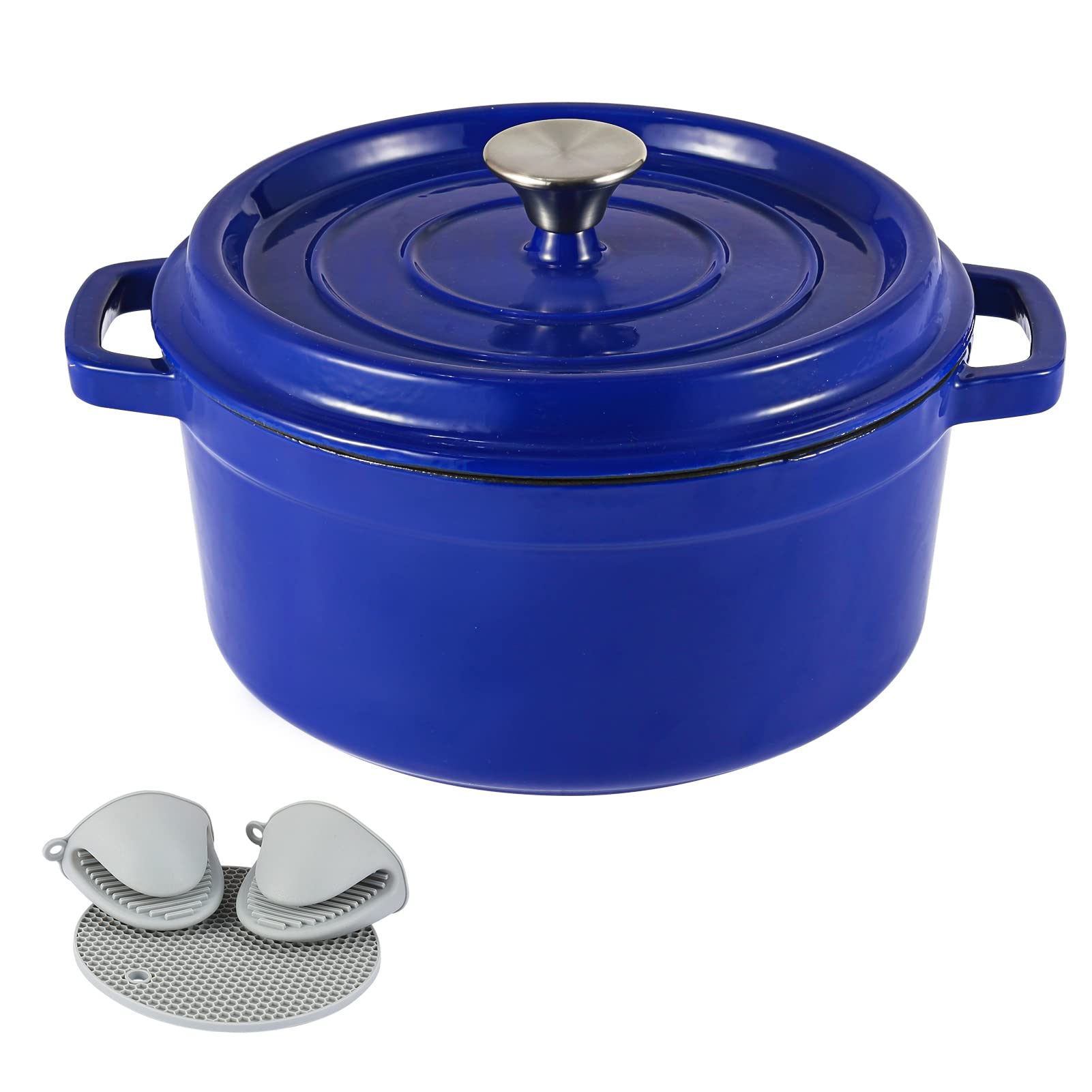 Premium 4 Quart Enameled Cast Iron Dutch Oven with Lid - Pre-Seasoned Enamel Coated Cookware Pot with Heat-Resistant Silicone Handles & Protective Mat - Perfect for Braising, Stewing, Baking Bread & Campfire Cooking (Cobalt Blue)
