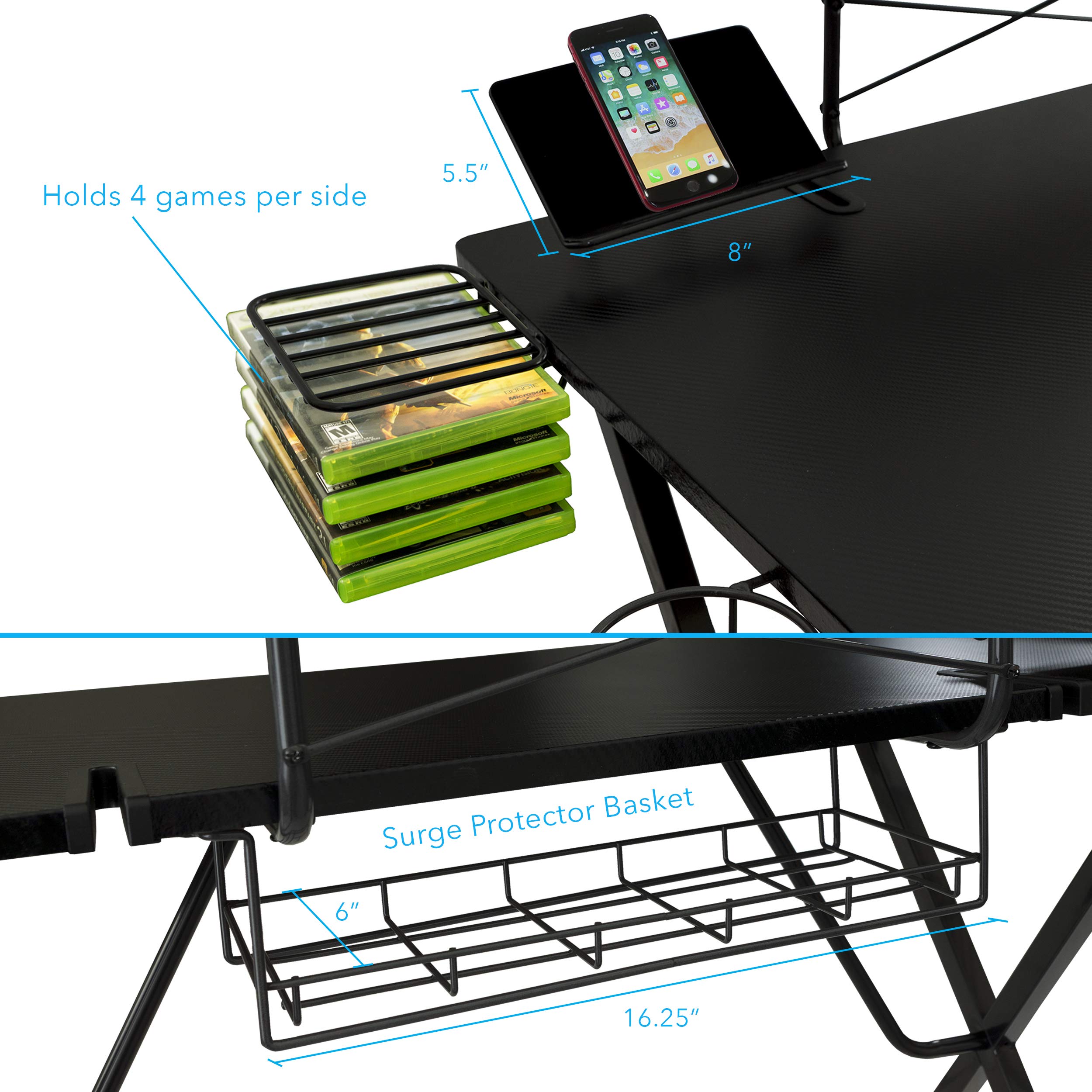 Atlantic Gaming Desk with Carbon-Fiber Desktop, X-Legs & Monitor Stand - Ergonomic Computer Desk for PC Gamers with Phone Holder & Speaker Stands (Black) - Perfect for Streaming, Esports & Home Office Setup