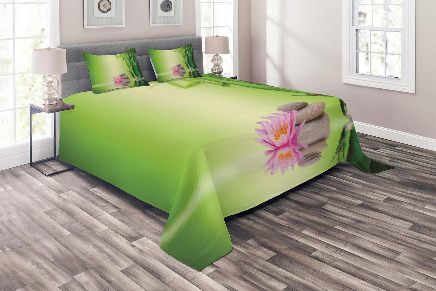 Ambesonne 3-Piece King Size Quilted Bedspread Set with 2 Pillow Shams - Garden Print Spa Coverlet in Green & Pink | Mindful Decor for Bedroom, Meditation Space & Cozy Home Retreat
