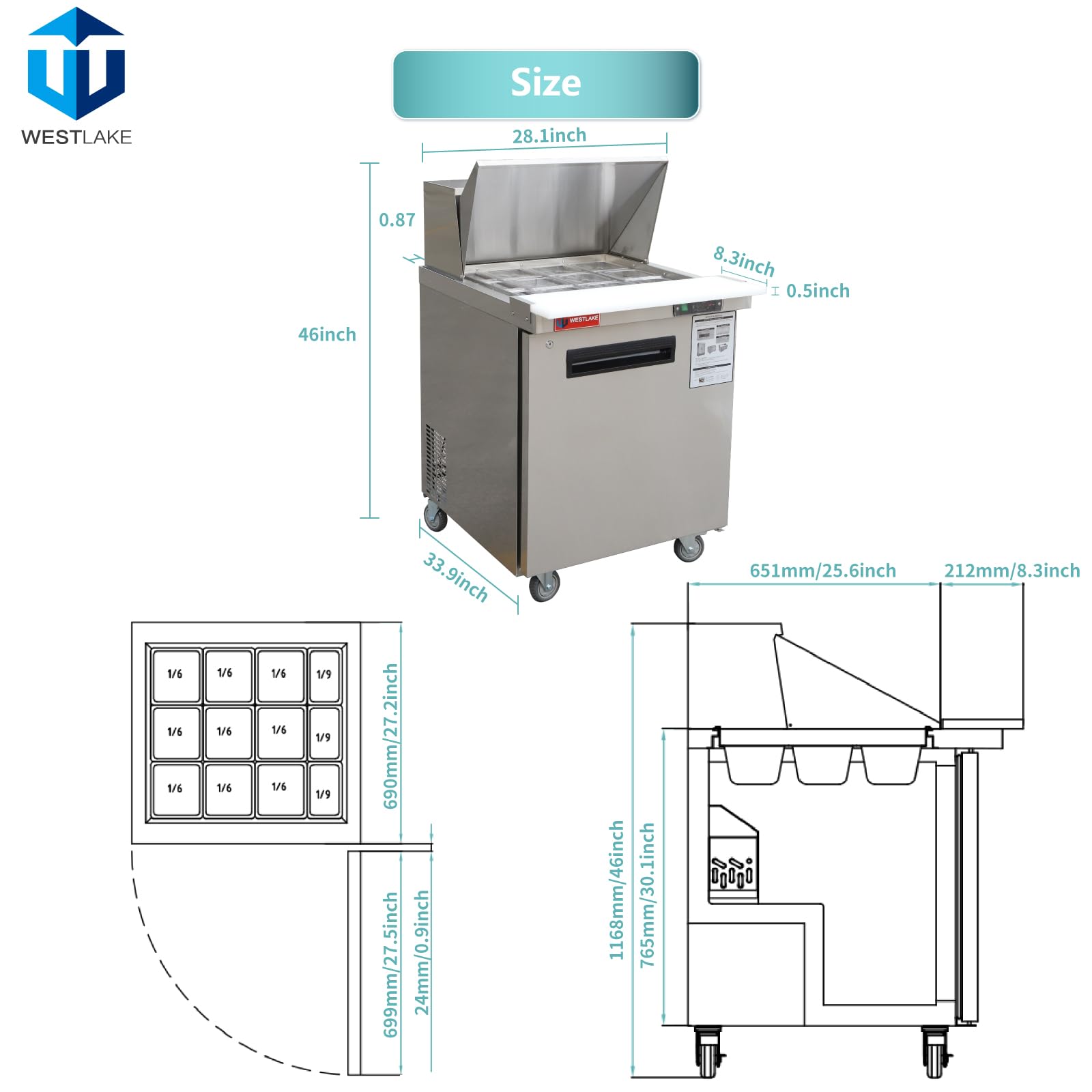 WESTLAKE 27-Inch Commercial Refrigerator - Stainless Steel Sandwich & Salad Prep Table with 12 Pans, Large Capacity Countertop Cooler for Restaurants, Cafes & Delis | Perfect for Food Storage, Meal Prep & Buffet Service