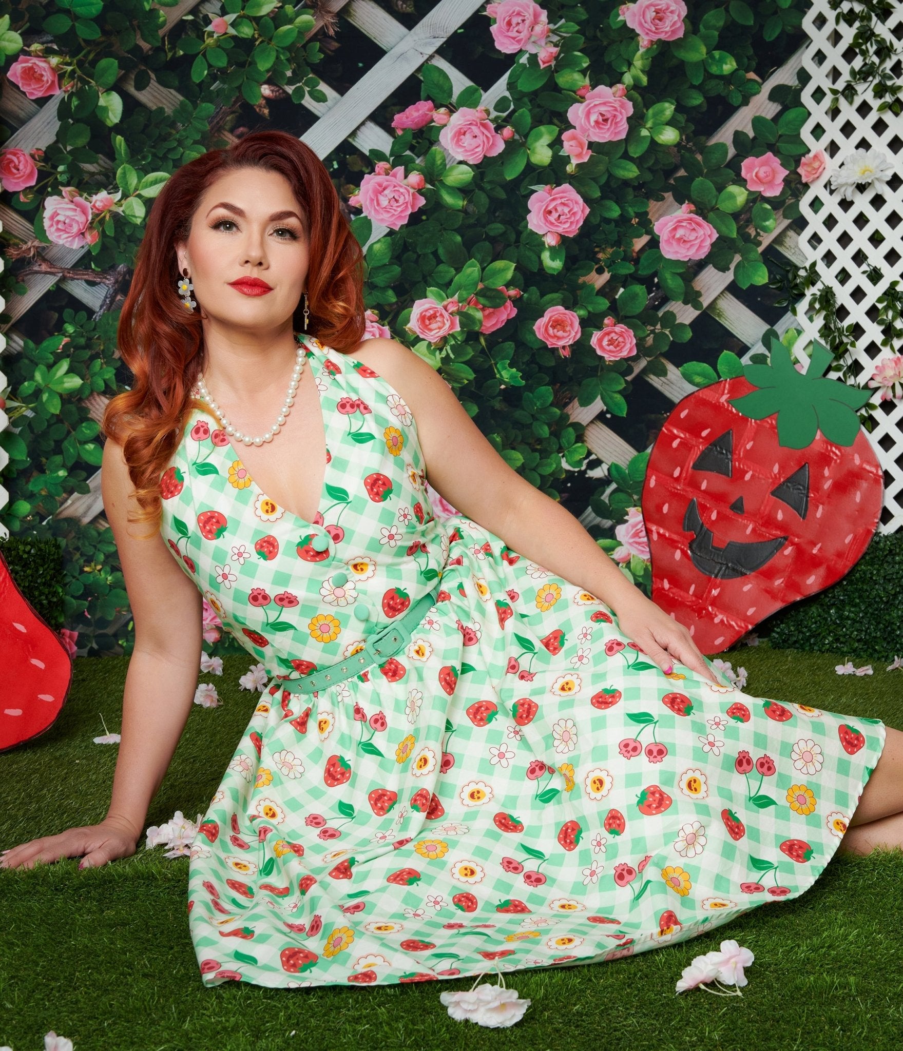 Vintage 1950s Green Gingham Spooky Fruit Print Halter Swing Dress - Retro Pinup Style for Halloween Costume, Party Outfit & Unique Fashion Statement