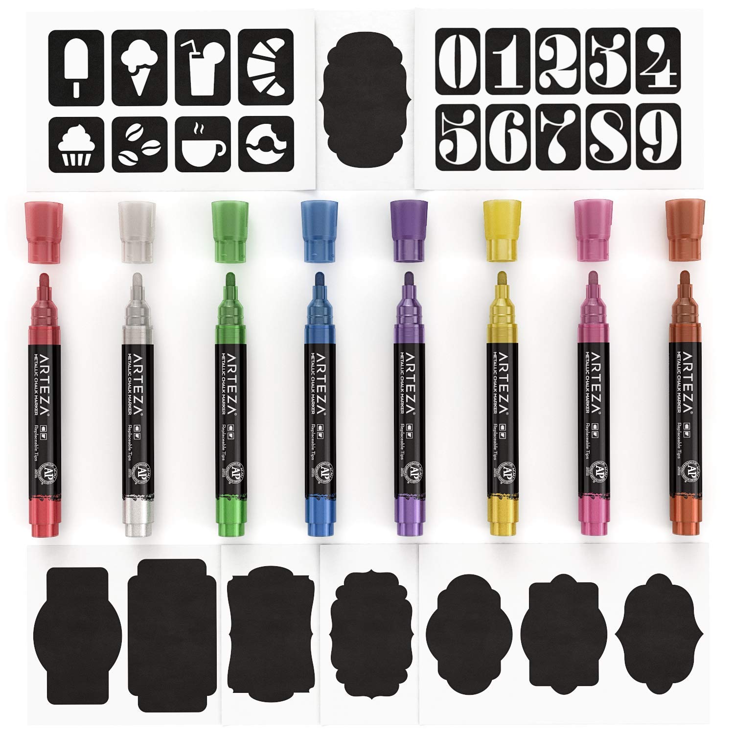 ARTEZA Liquid Chalk Markers Set of 8 - Vibrant Metallic Colors, Erasable & Non-Toxic - Perfect for Chalkboards, Windows, Signs, Bistro Boards & DIY Crafts