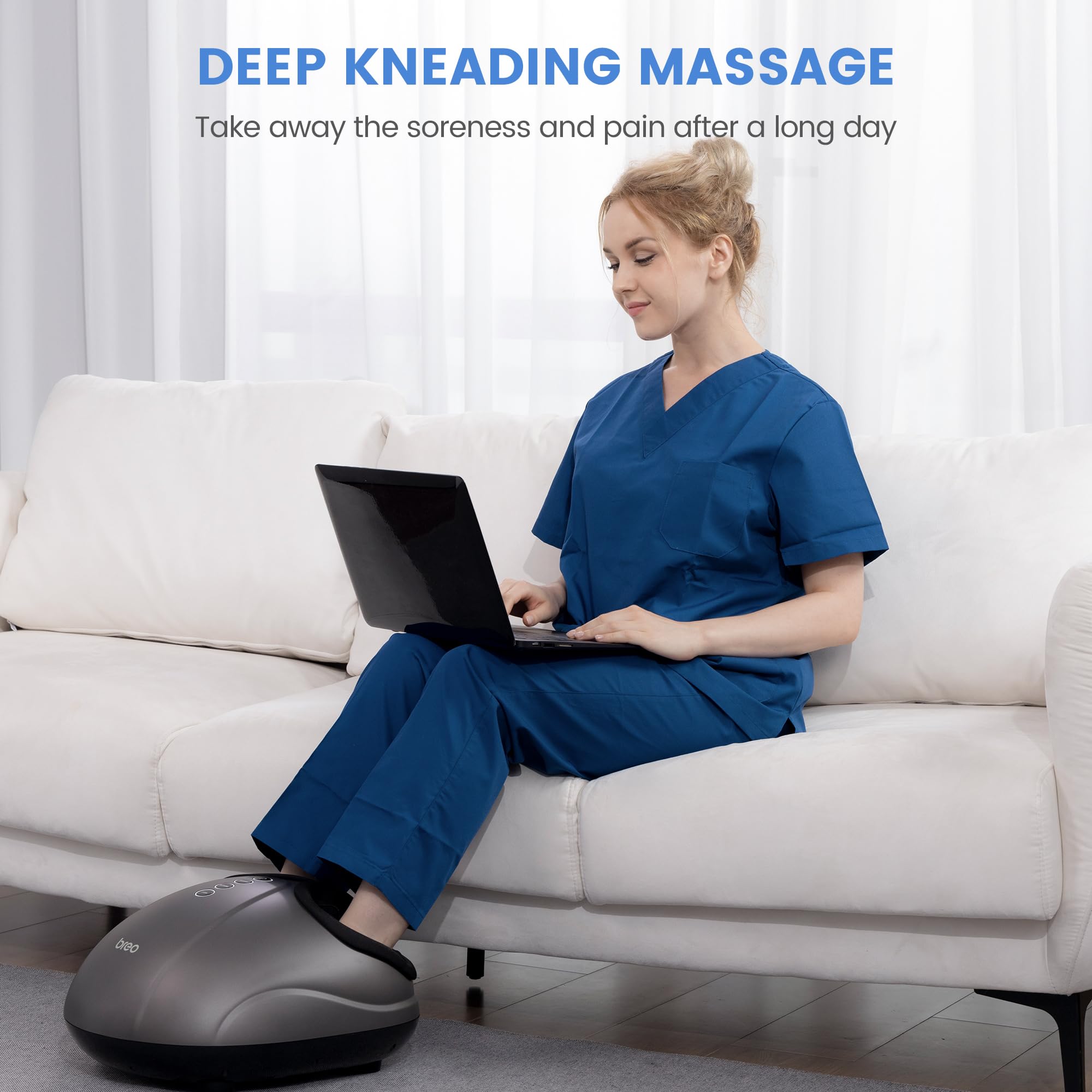 Breo Foot Massager with Heat - Deep Kneading, Air Compression & Rolling Massage for Foot Pain Relief, Plantar Fasciitis & Circulation - Fits Up to Size 46 (US 12) - Perfect for Home, Office & Post-Workout Recovery