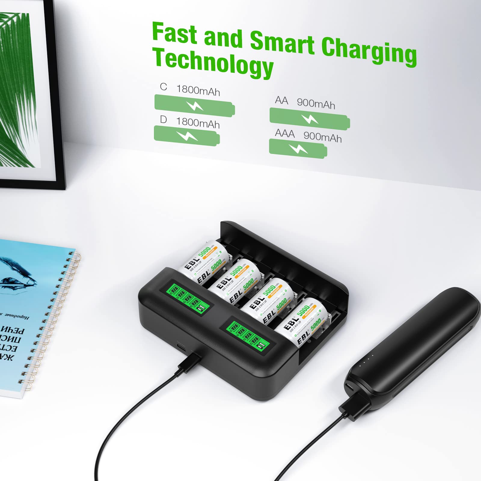 EBL Rechargeable C Batteries (4 Pack) with LCD Battery Charger - Compatible with Ni-MH AA AAA C D Batteries - Perfect for Flashlights, Toys, and Home Electronics