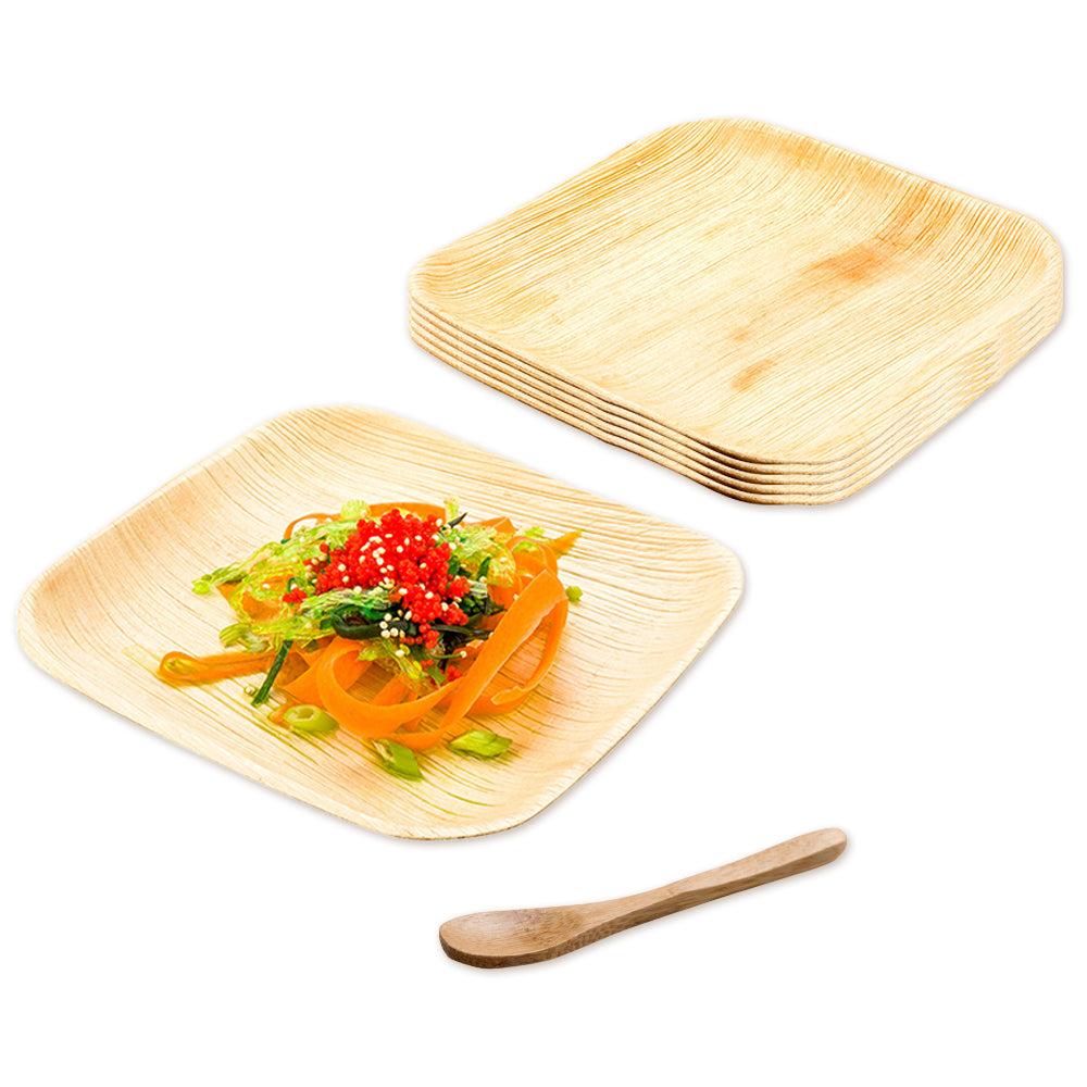 100-Pack Eco-Friendly Palm Leaf Plates & 100 Bamboo Mini Spoons Set - 6