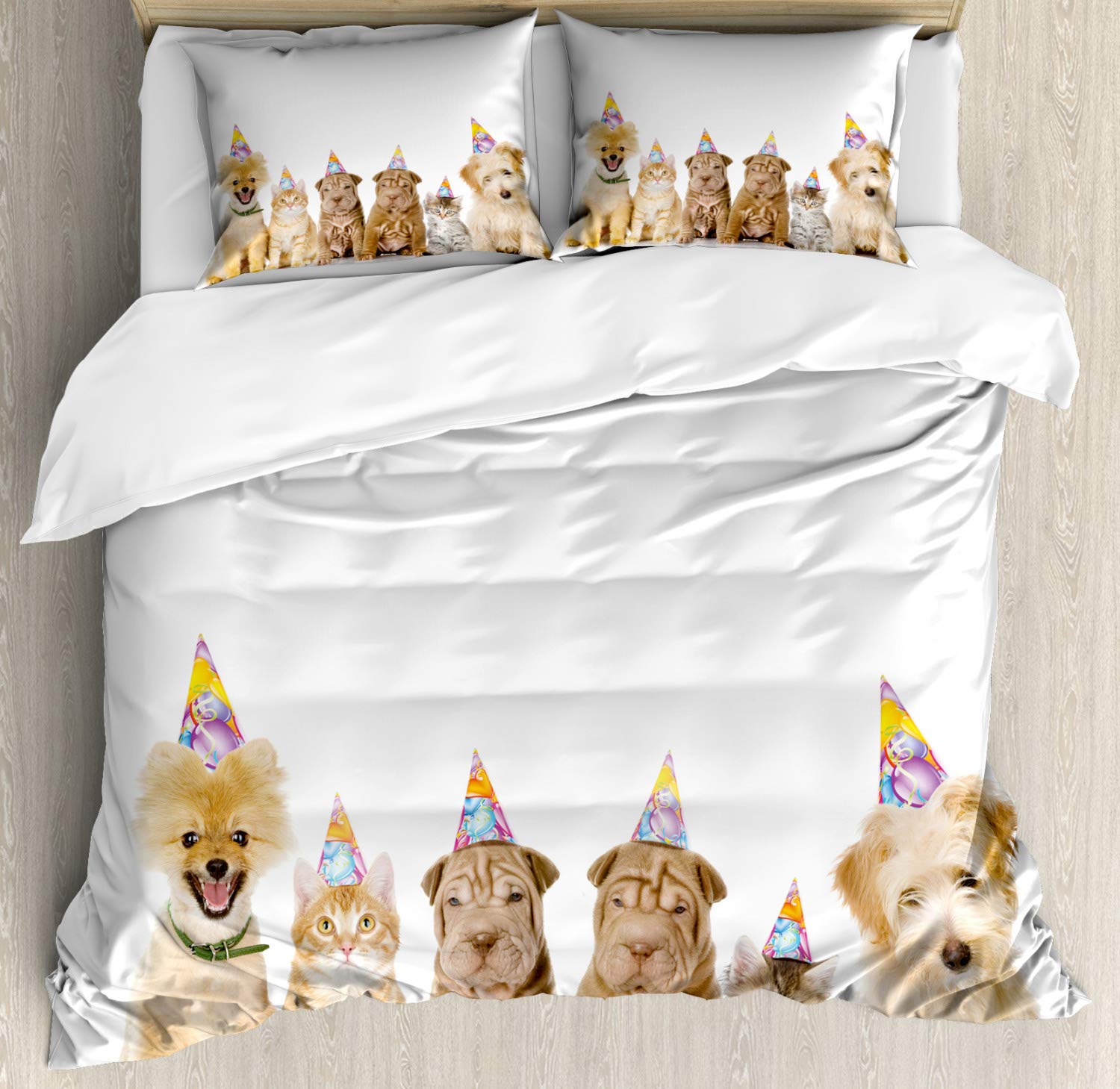 Ambesonne Birthday Party Duvet Cover Set - Shelter Dogs & Terrier Cats in Cone Hats Celebration Theme Print, 2-Pack California King Size Bedding with 4 Pillowcases | Fun Pet-Themed Bedroom Decor for Dog & Cat Lovers | Perfect for Birthday Parties, Themed Bedrooms & Gift Giving
