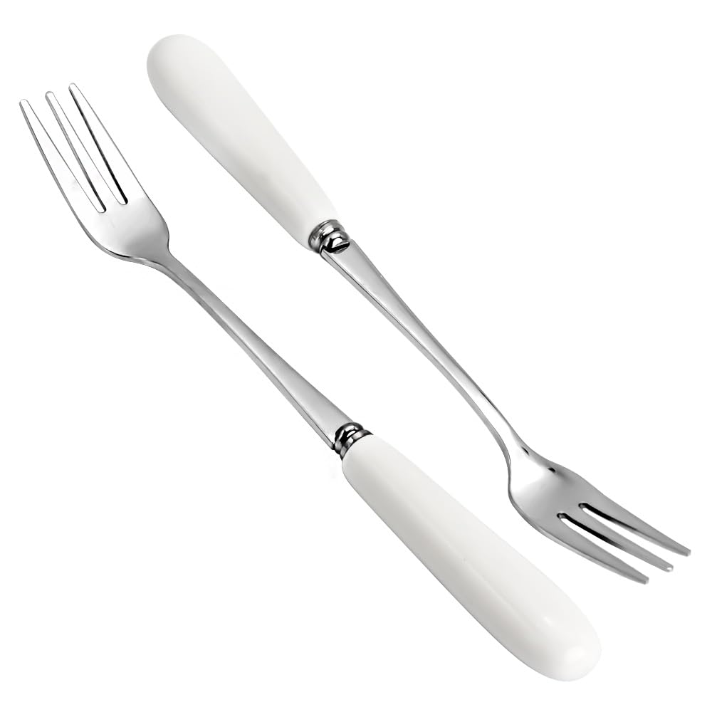 Premium 18/10 Stainless Steel Dessert Forks with Elegant White Ceramic Handle - 6 Inch SUS304 3-Tine Fruit & Cake Forks (Set of 2) - Perfect for Afternoon Tea, Wedding Receptions, and Fine Dining