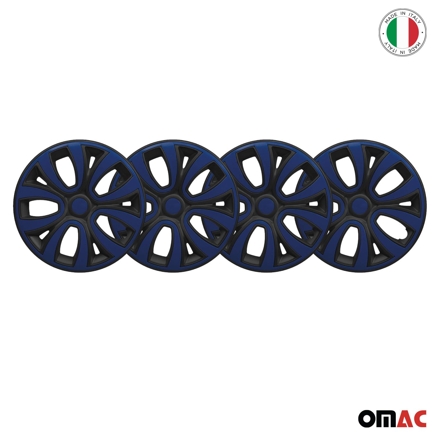 OMAC 15 Inch Matt Black with Dark Blue Hub Caps - Set of 4 Premium Snap-On Wheel Covers | Durable Car Rim Accessories for Replacement & Style Upgrade | Perfect for Sedans, SUVs and Trucks