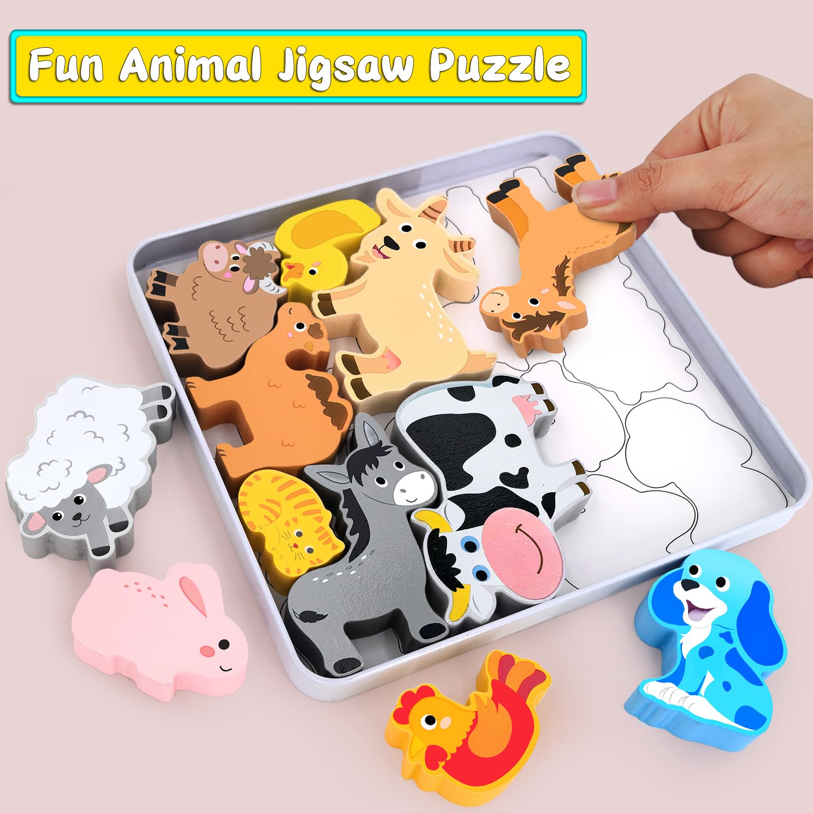 Wooden Animal Puzzles for Toddlers - 12 Pcs Farm Animal Figures, Montessori Matching & Stacking Learning Toys for Boys & Girls Ages 1-3 | Educational Gift for Kids | Perfect for Preschool Classroom, Birthday Party Favors & Early Childhood Development