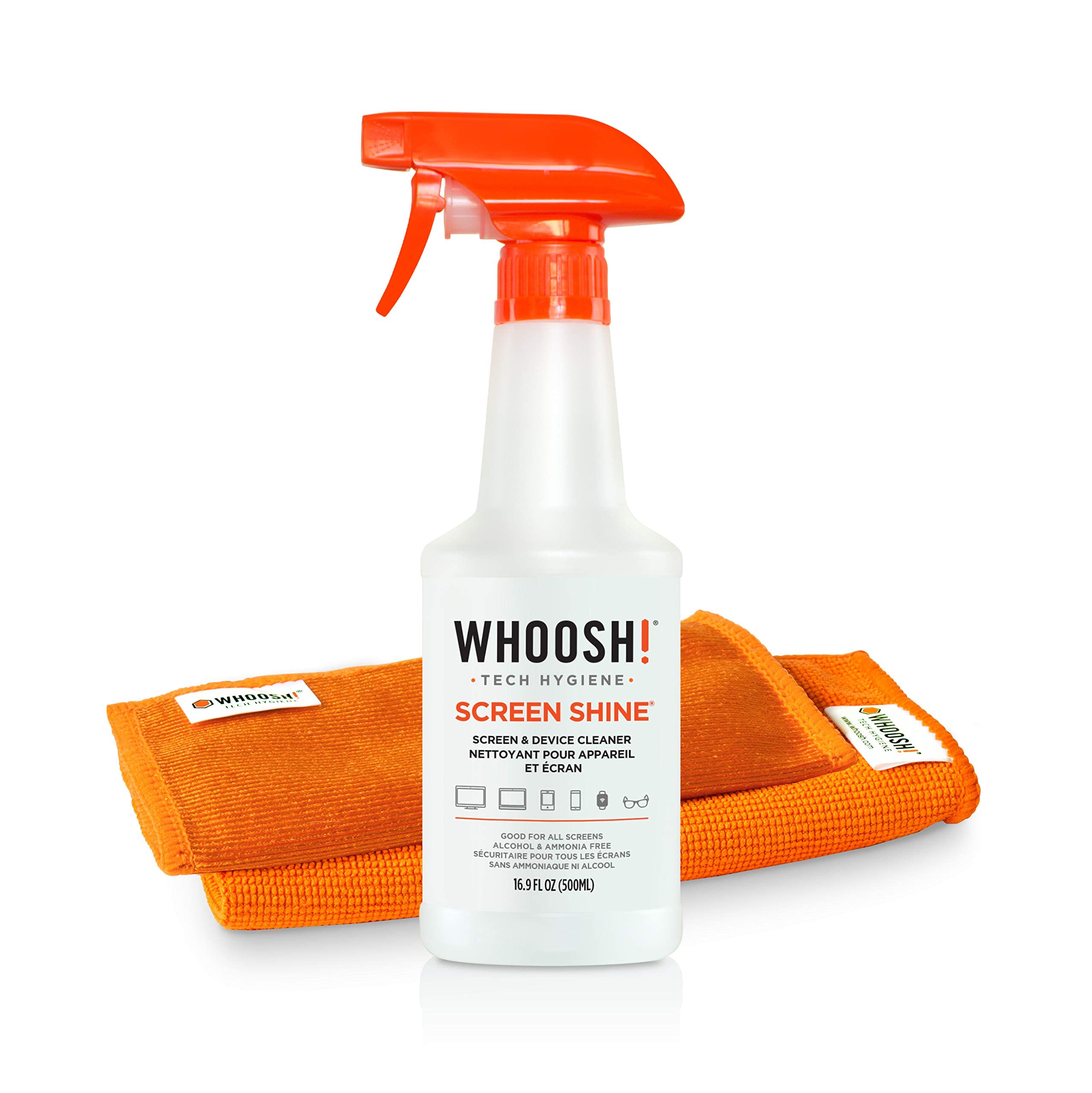 WHOOSH! Screen Cleaning Kit - 500ml Spray & 35x35cm Microfiber Cloth for Smartphones, iPad, Kindle, Glasses, TVs & Touch Screens | Streak-Free Cleaning for Electronics, Eyewear & Home Office Use